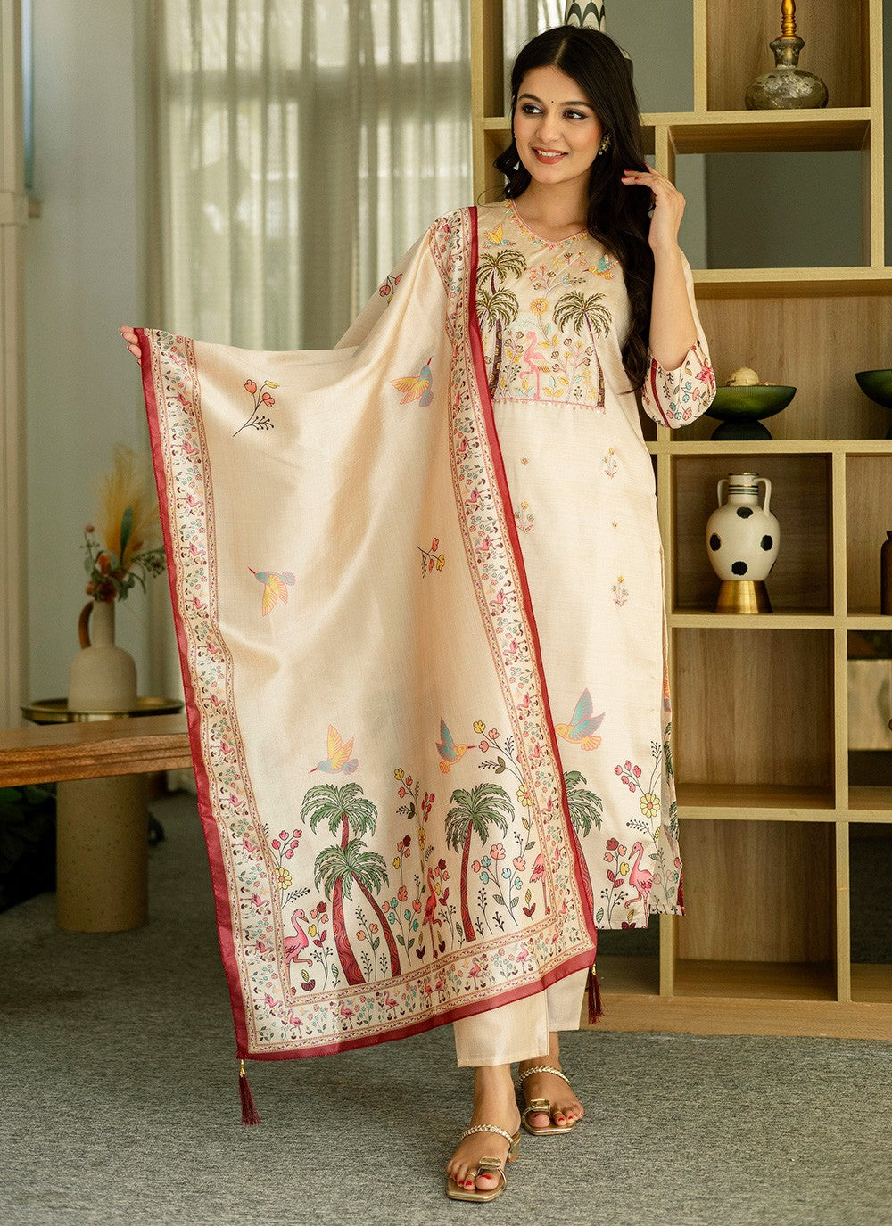 Pant Style Suit Beads, Printed Beige T7377