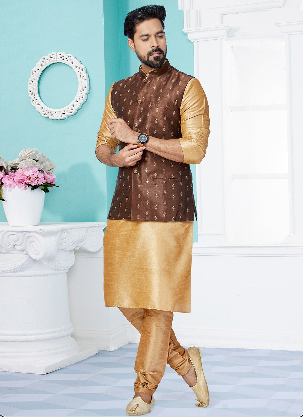 Fancy Work Dupion Silk Beige, Brown Kurta Payjama With Jacket - M5510
