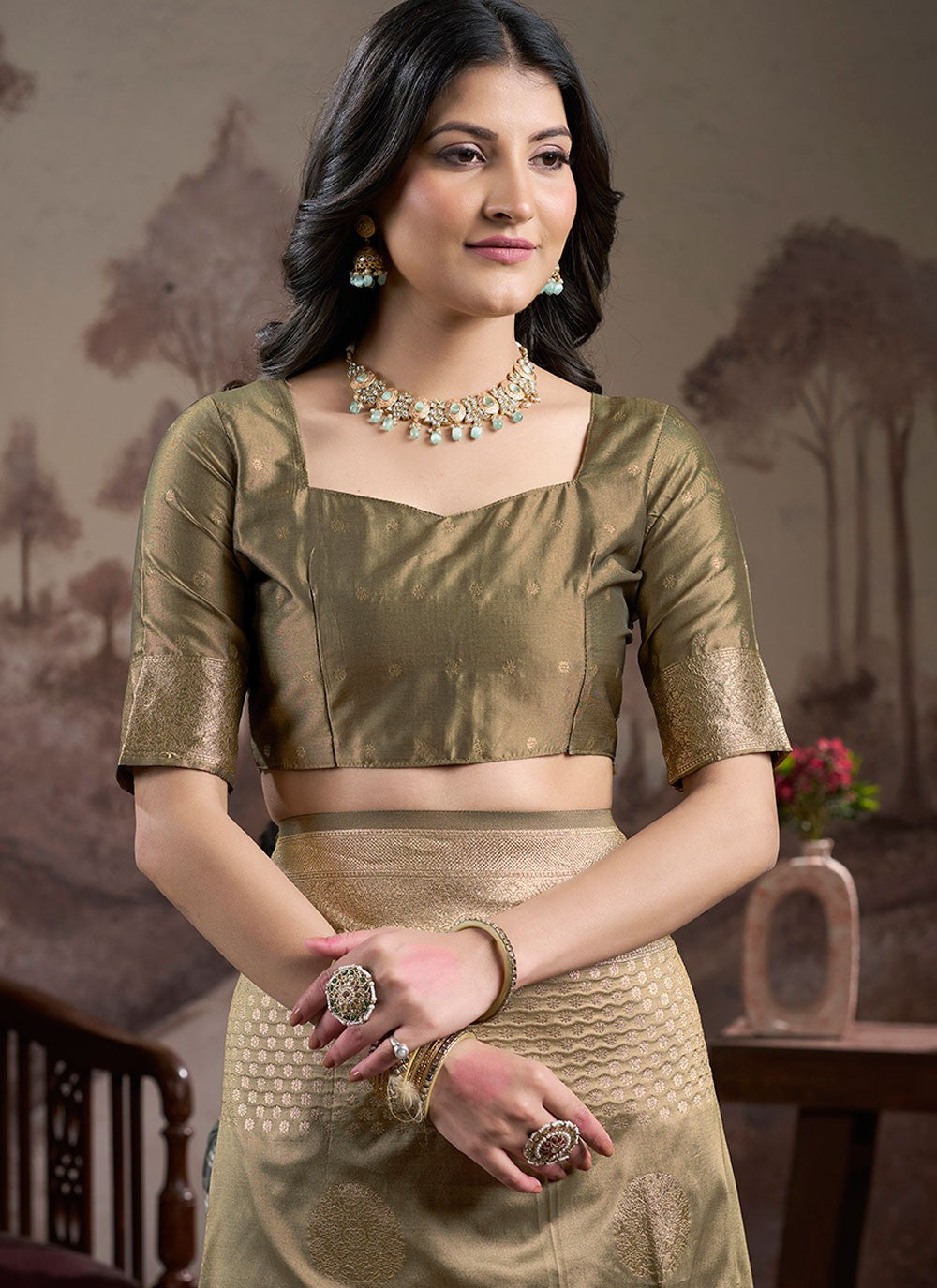Contemporary Jacquard Work Beige, Brown Jacquard Silk Saree S12590
