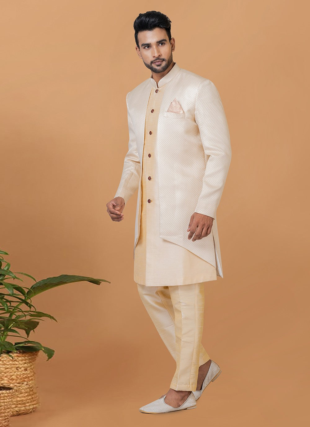 Fancy Work Dupion Silk, Jacquard Silk Beige, Cream Indo Western Sherwani - M5975