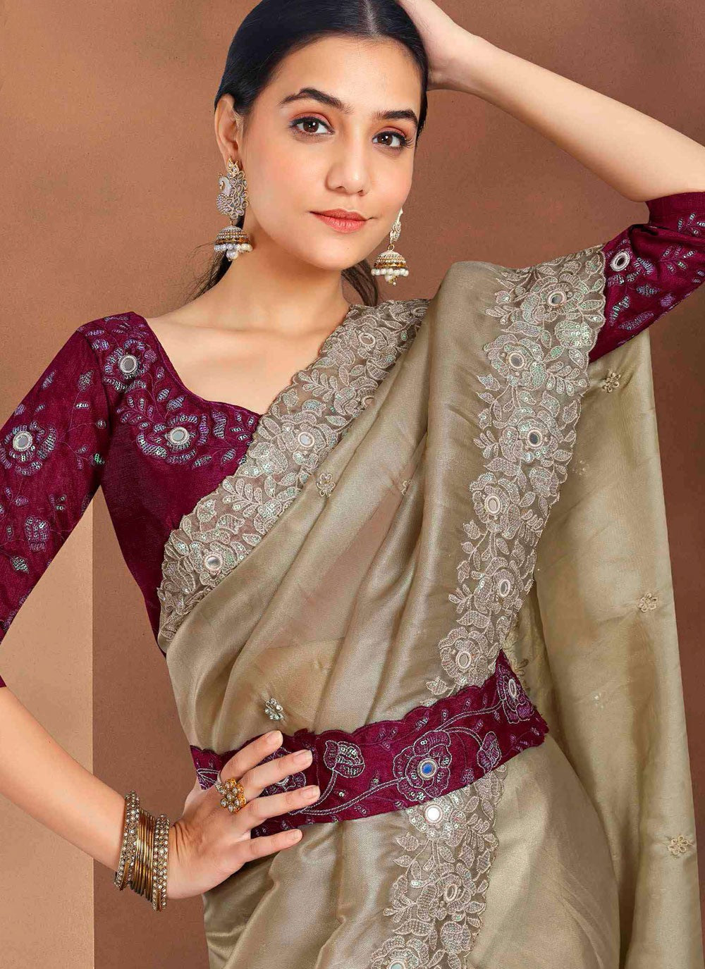 Classic Saree Embroidered Beige, Grey Silk Saree S13393