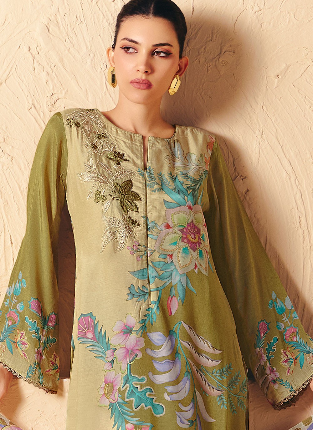 Pant Style Suit Digital Print, Embroidered, Patch, Resham Beige T8294