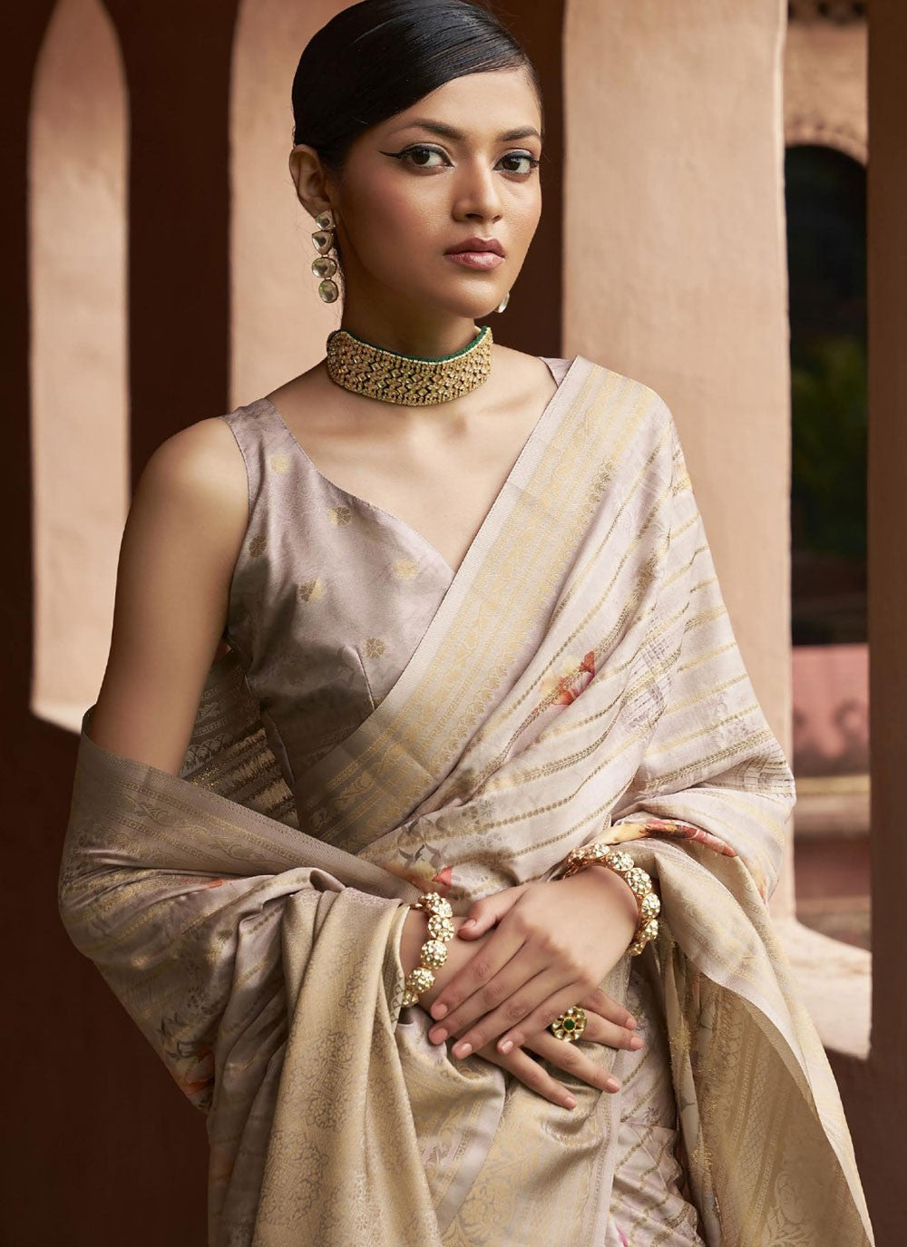 Classic Saree Digital Print Beige, Grey Tussar Silk Saree S13234