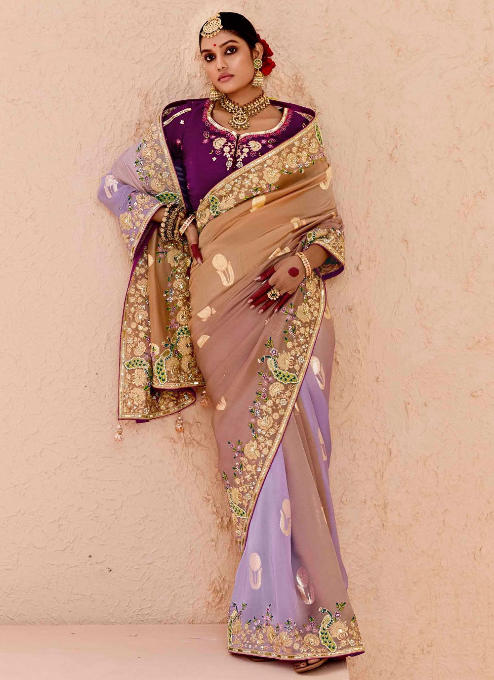 Traditional Embroidered Beige, Lavender Silk Saree S13658