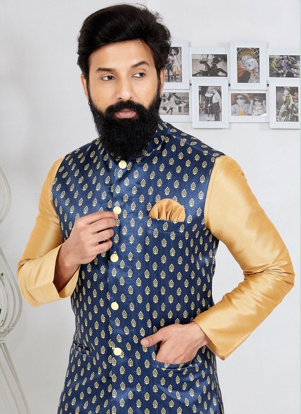 Fancy Work Dupion Silk Beige, Navy Blue Kurta Payjama With Jacket - M5503