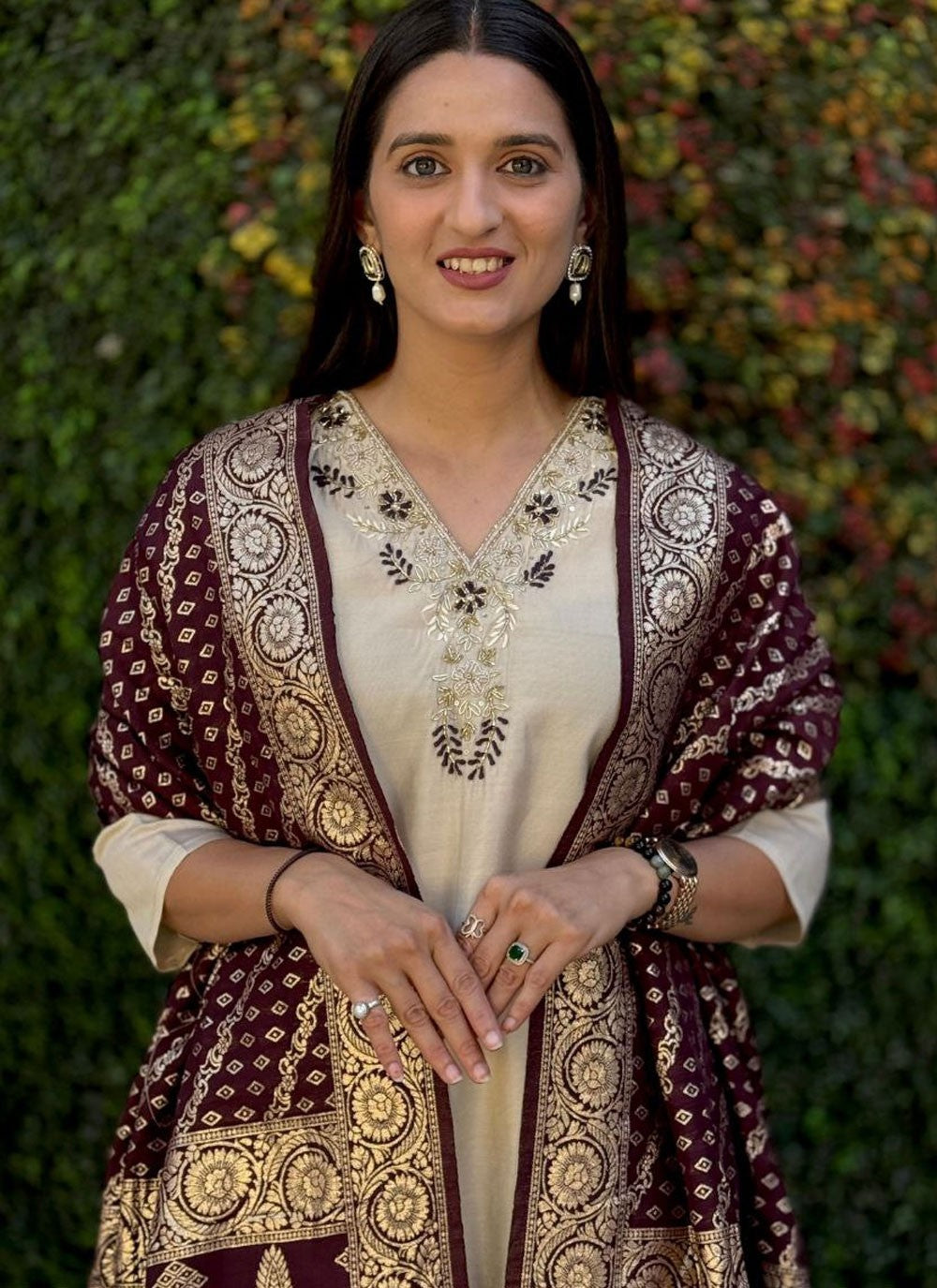 Embroidered Silk Beige Salwar Suit T6270