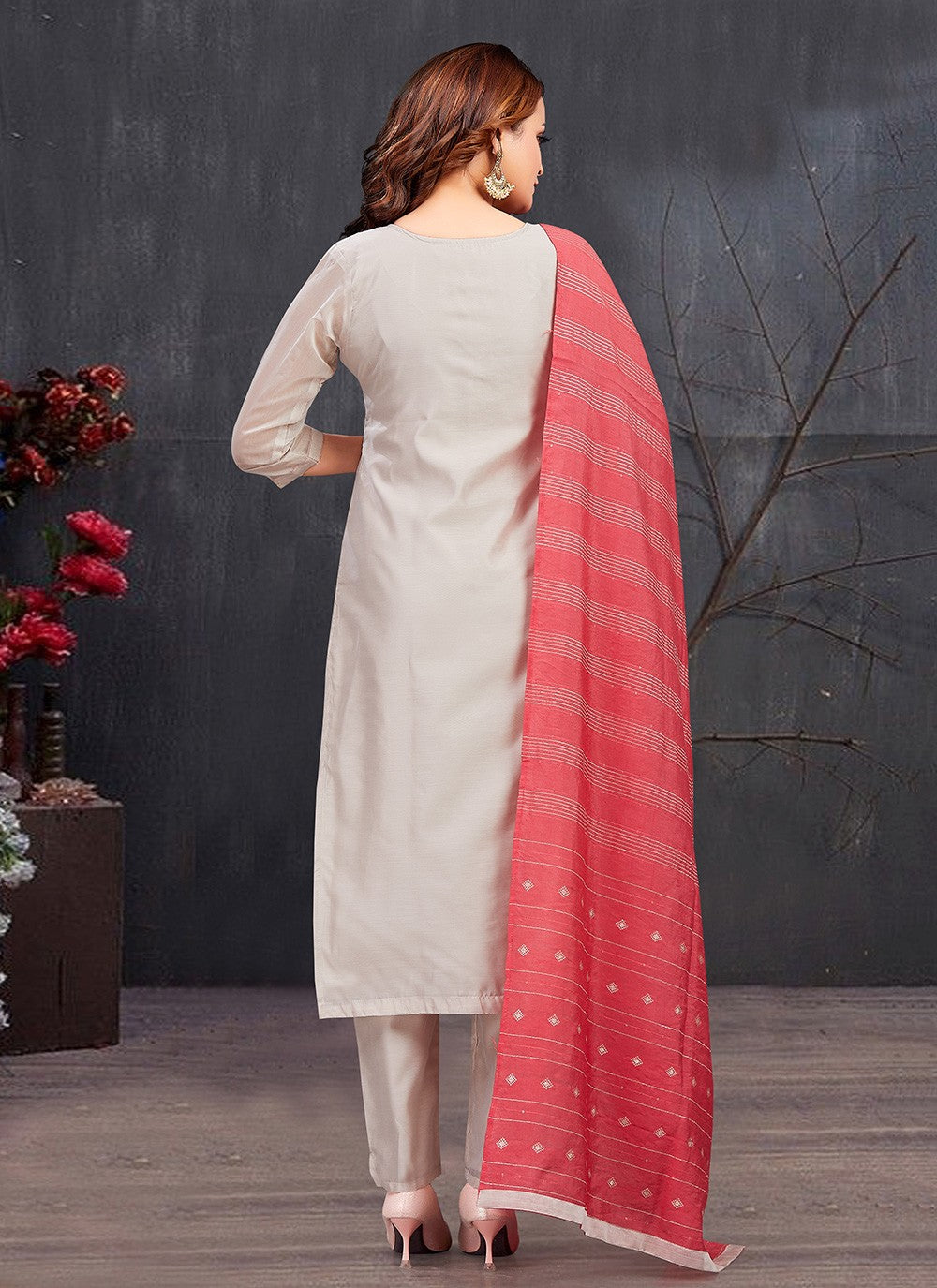 Pant Style Suit Embroidered Beige T8011