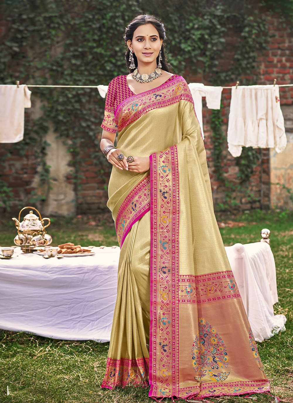 Contemporary Weaving Zari Beige Silk Saree S12808