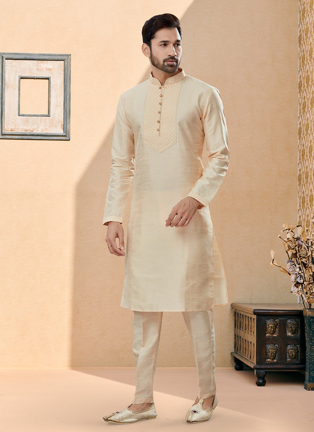 Fancy Work Dupion Silk Beige Kurta - M5744