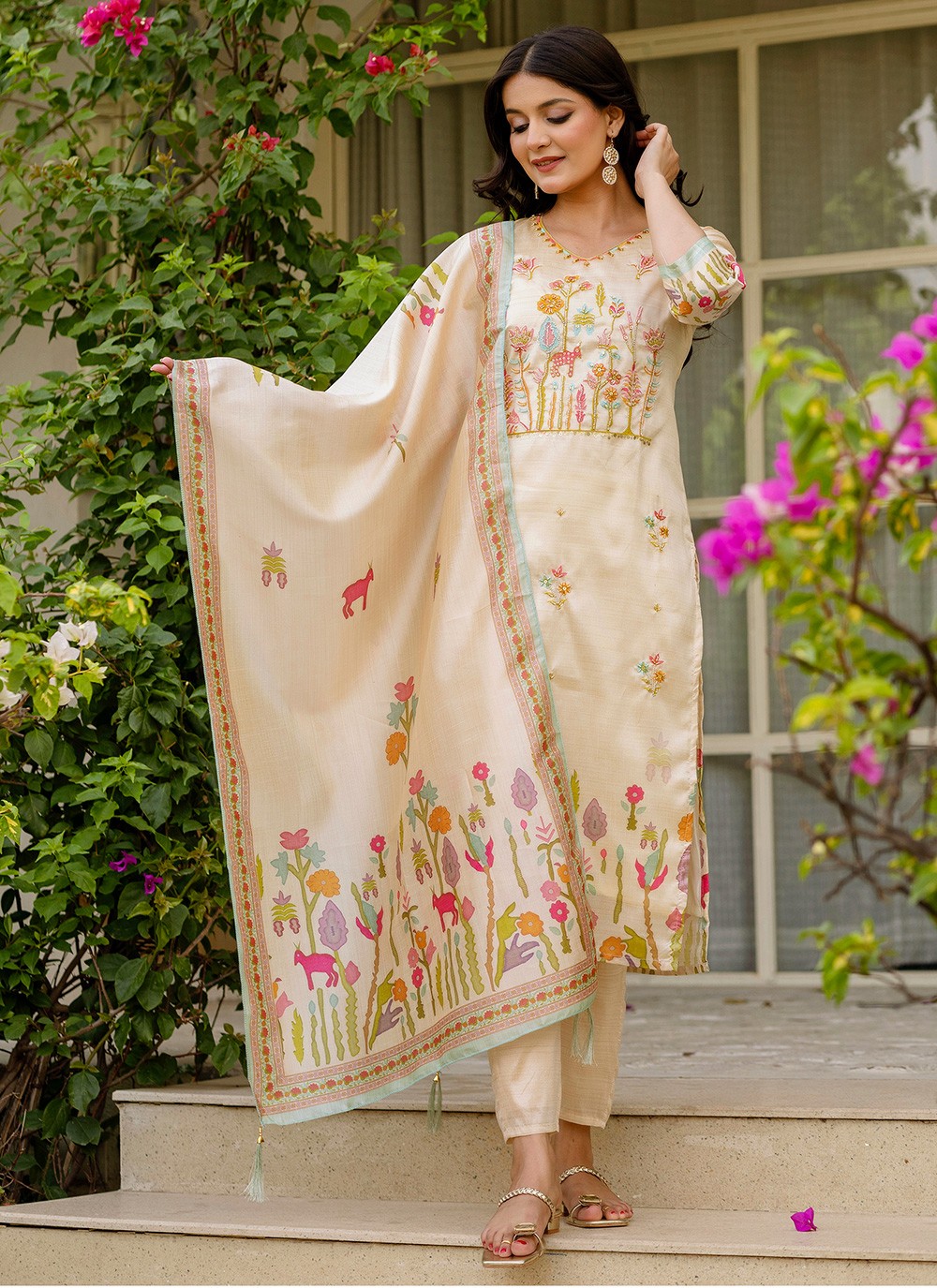 Pant Style Suit Beads, Printed Beige T7378