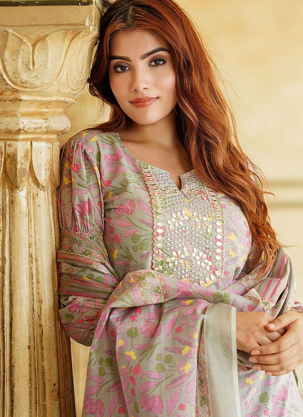 Salwar Suit Embroidered Beige Cotton T5383