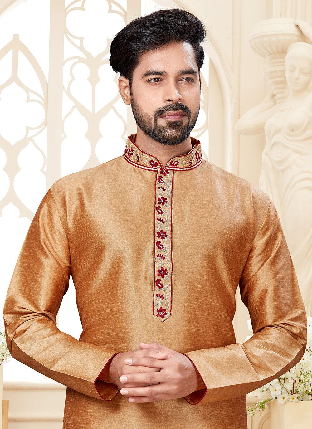 Embroidered Dupion Silk Beige Kurta - M5593
