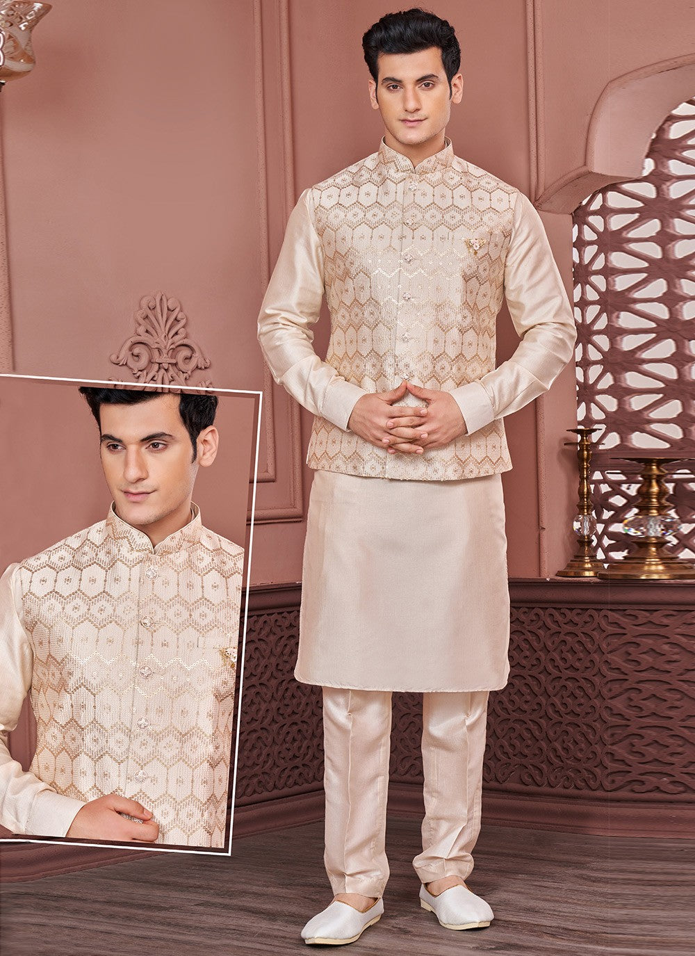 Embroidered Banarasi Silk Beige Kurta Payjama With Jacket - M6416