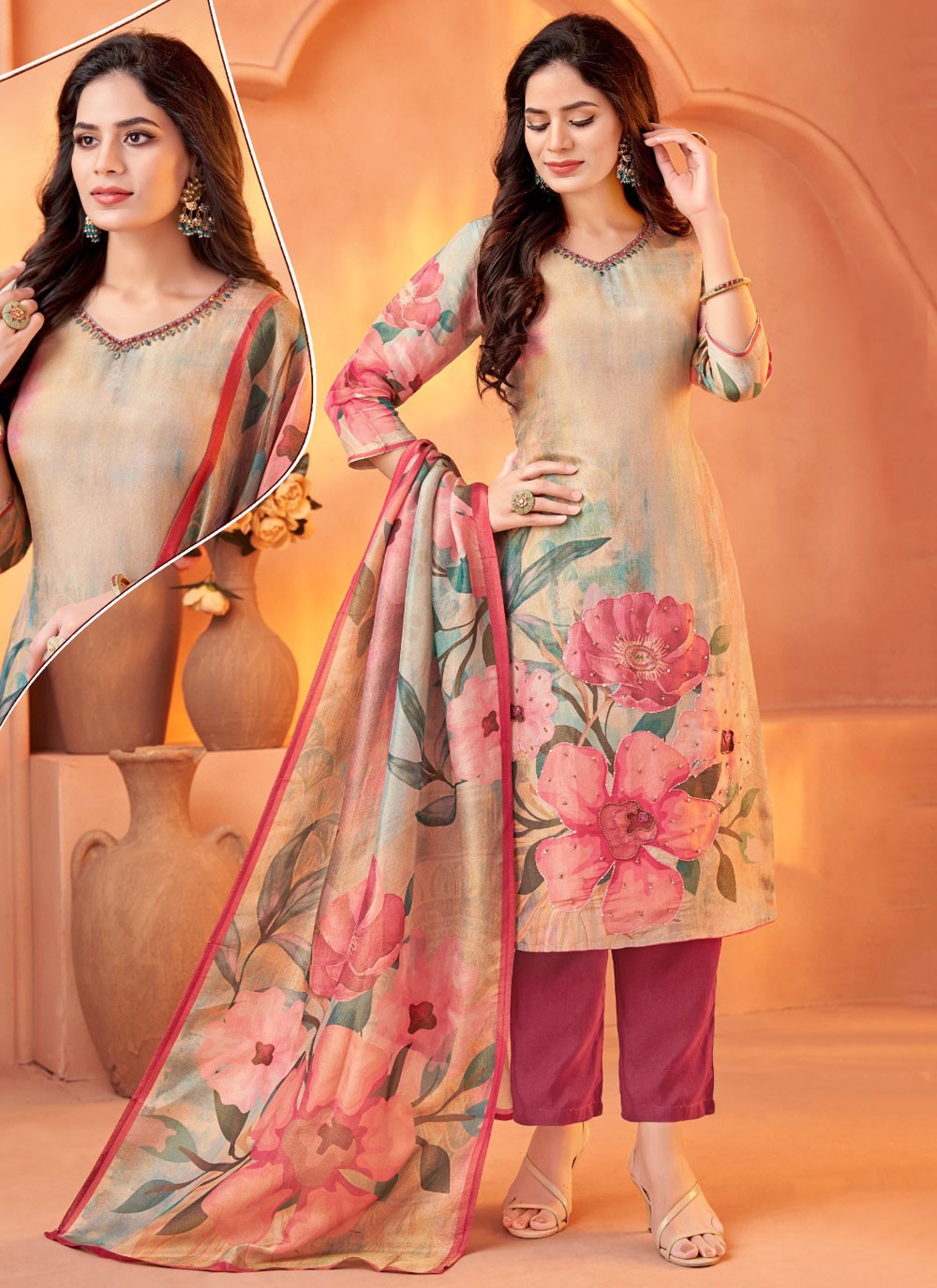 Pant Style Suit Embroidered Beige Shimmer T5143