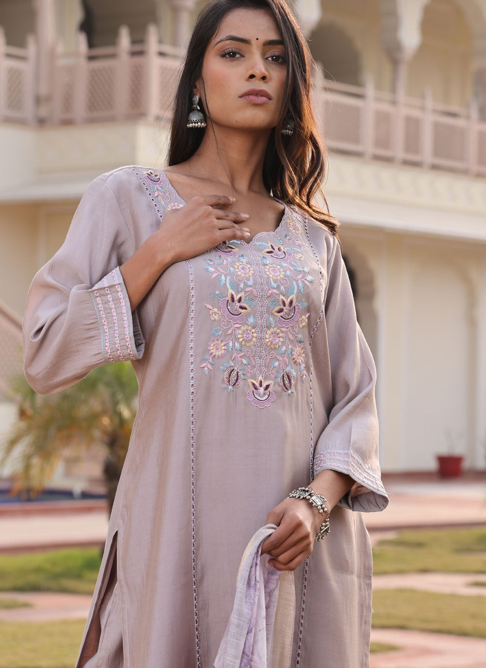 Salwar Suit Embroidered Beige Cotton Silk T5669