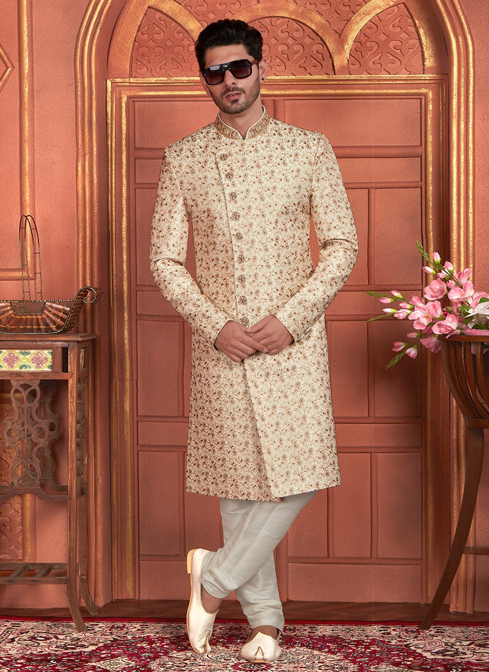 Embroidered Art Silk Beige Sherwani - M8279