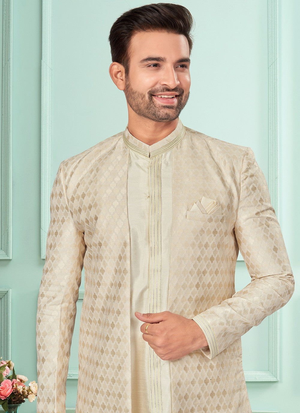 Embroidered Brocade, Jacquard Beige Indo Western - M7272
