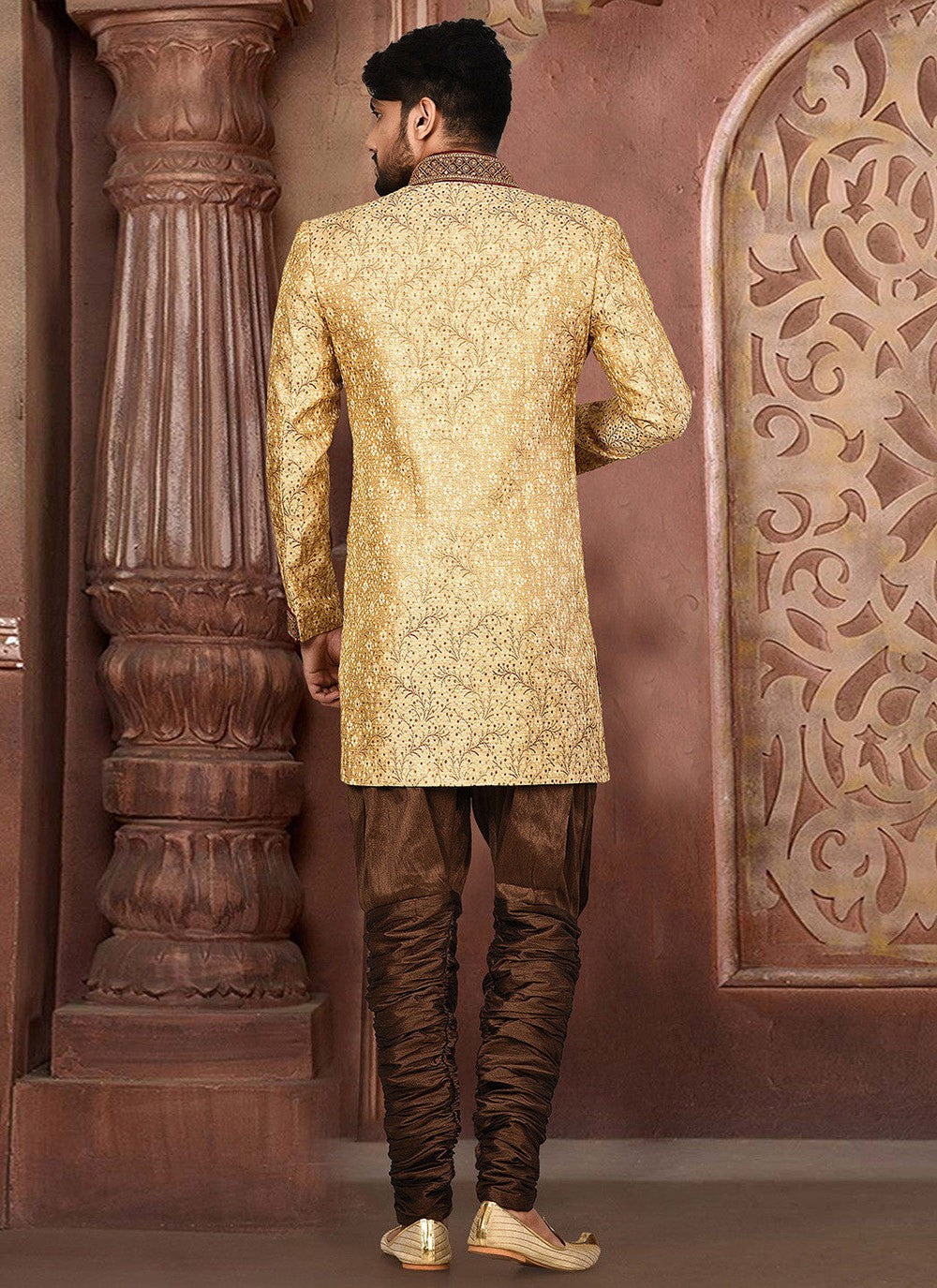 Embroidered Jamawar Beige Indo Western Sherwani - M2771
