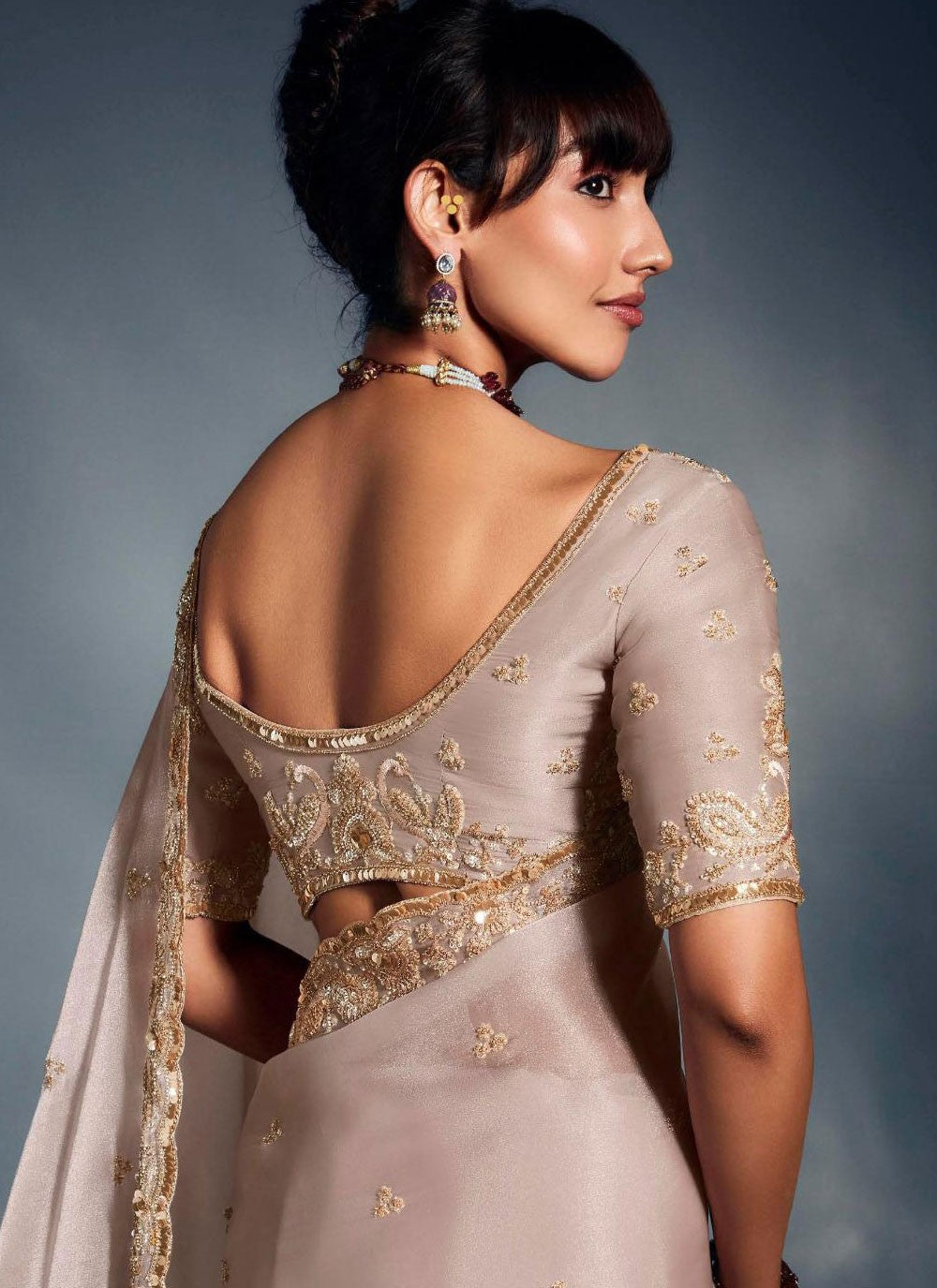Beige Fancy Fabric Designer Saree Cut Work, Embroidered, Sequins, Zari S19065