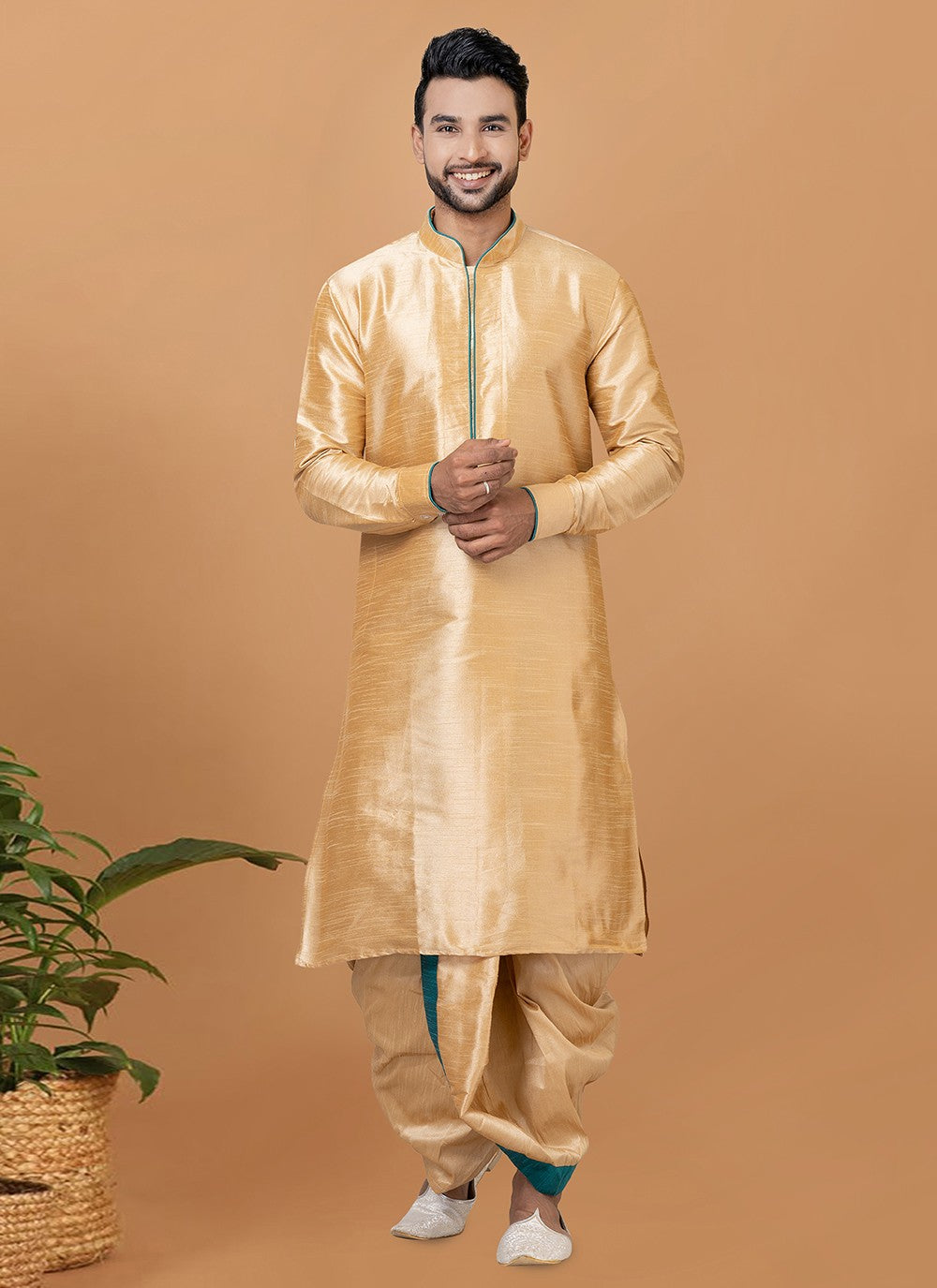 Plain Banarasi Silk Beige Dhoti Kurta - M5954