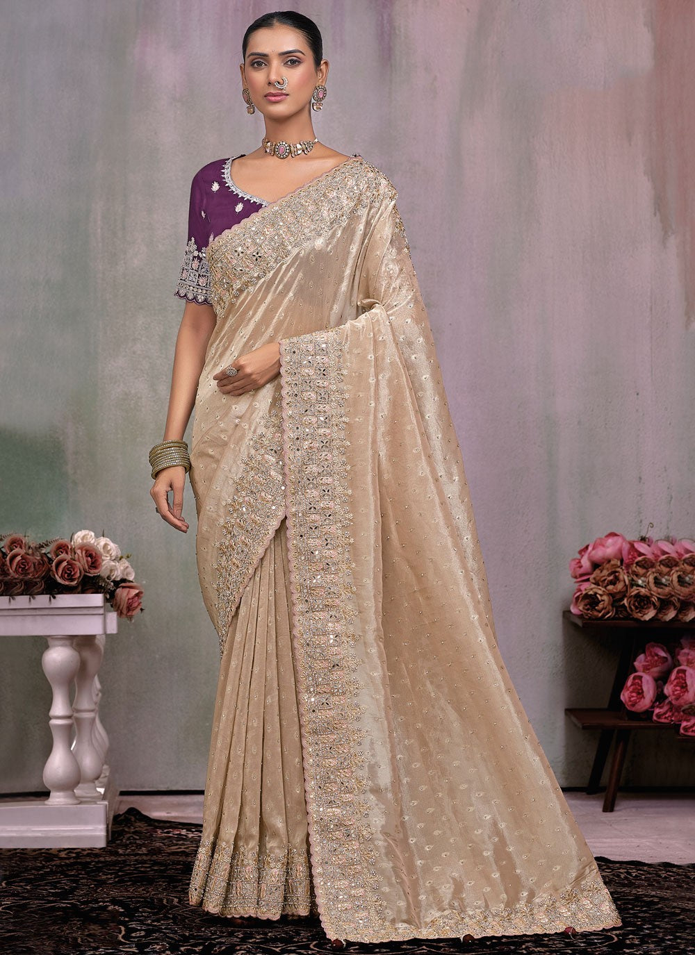 Beige Kanjivaram Silk Classic Saree Buttis, Embroidered, Mirror, Moti, Zari, Zircon S15788