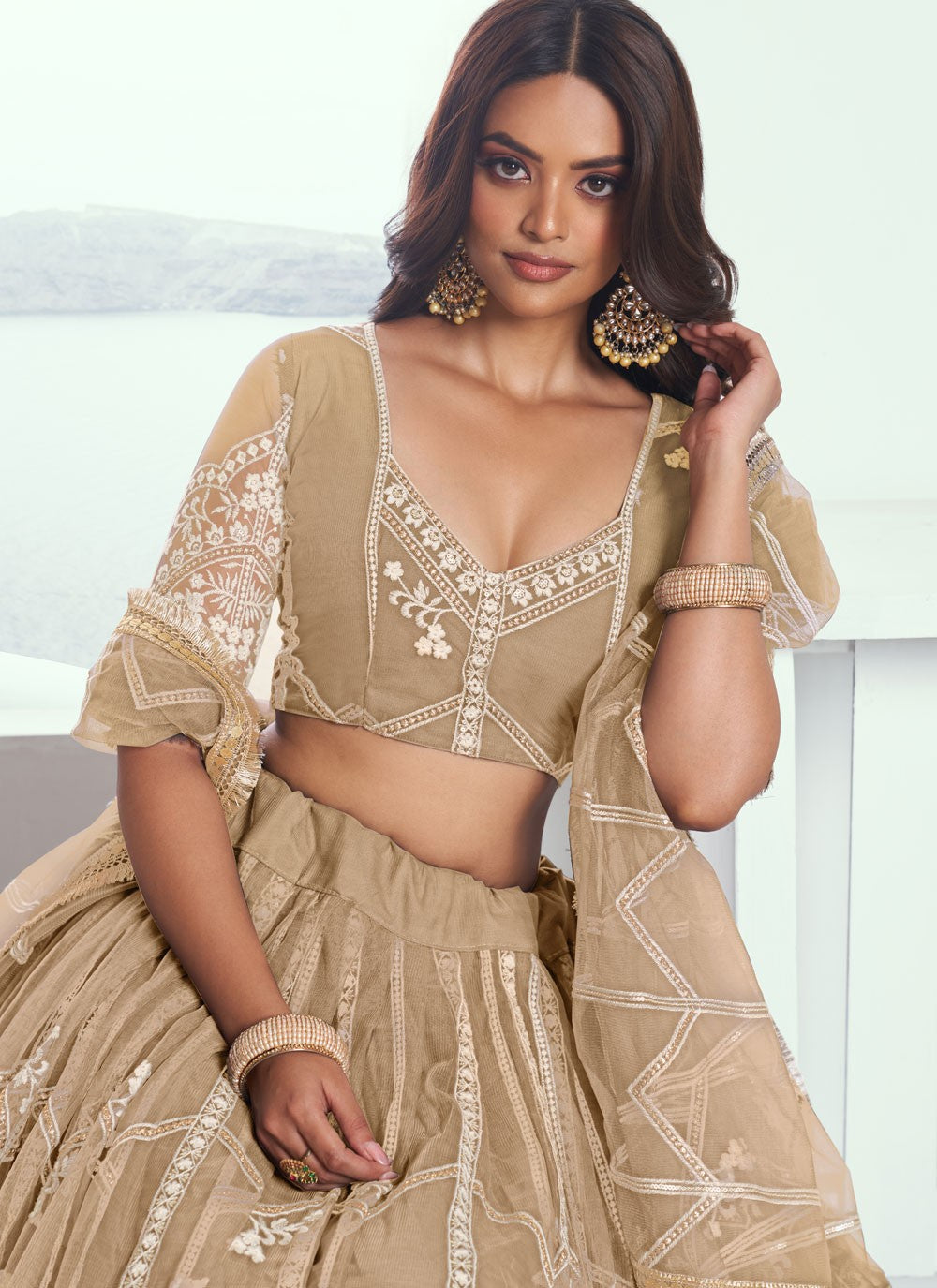 Embroidered Net Beige A - Line Lehenga L3777