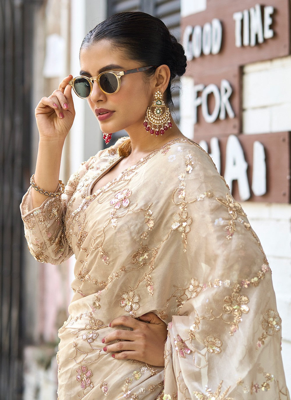 Beige Silk Contemporary Saree Embroidered, Sequins S20137