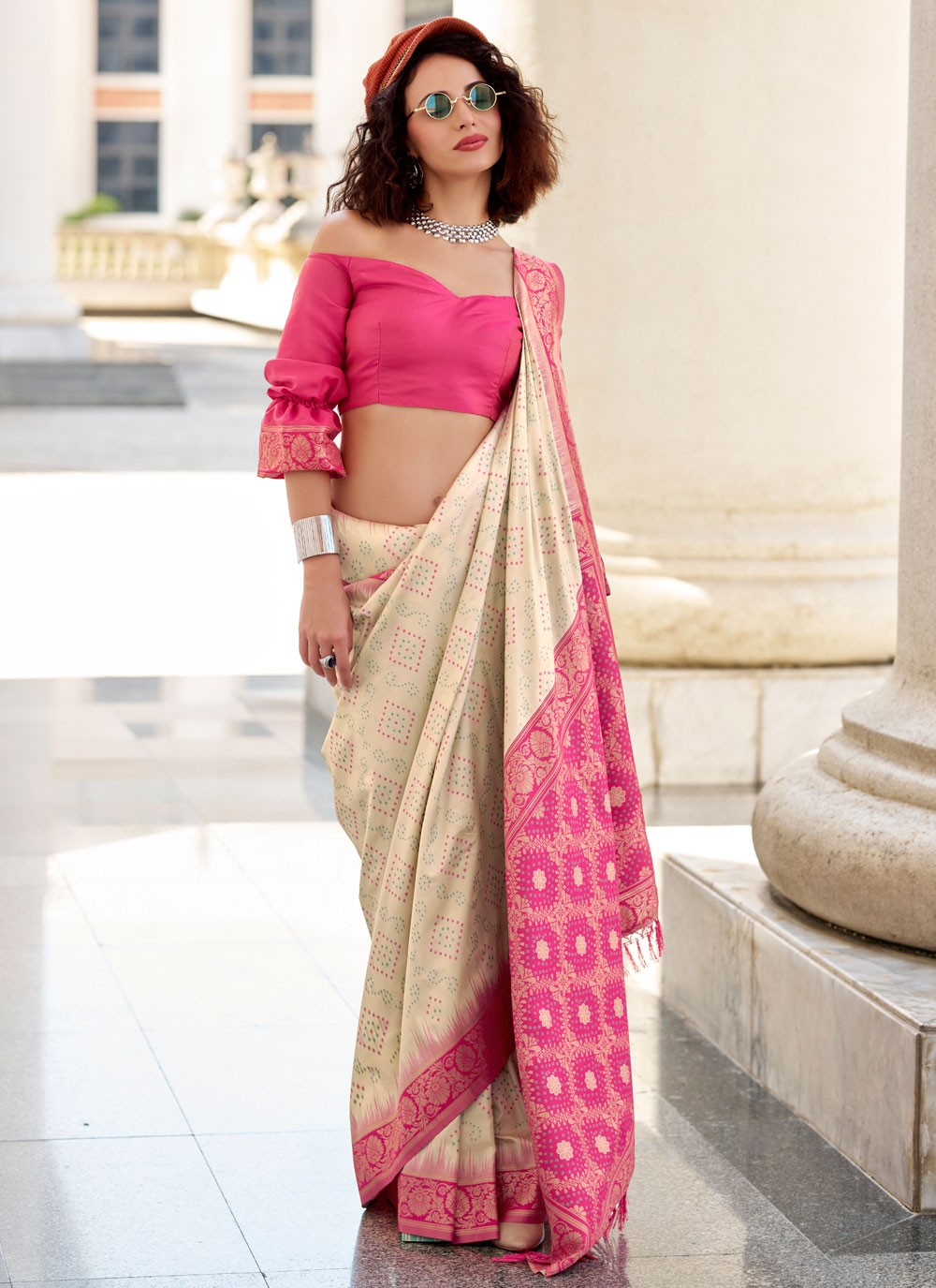 Traditional Foliage Prints Beige Silk Saree S13730