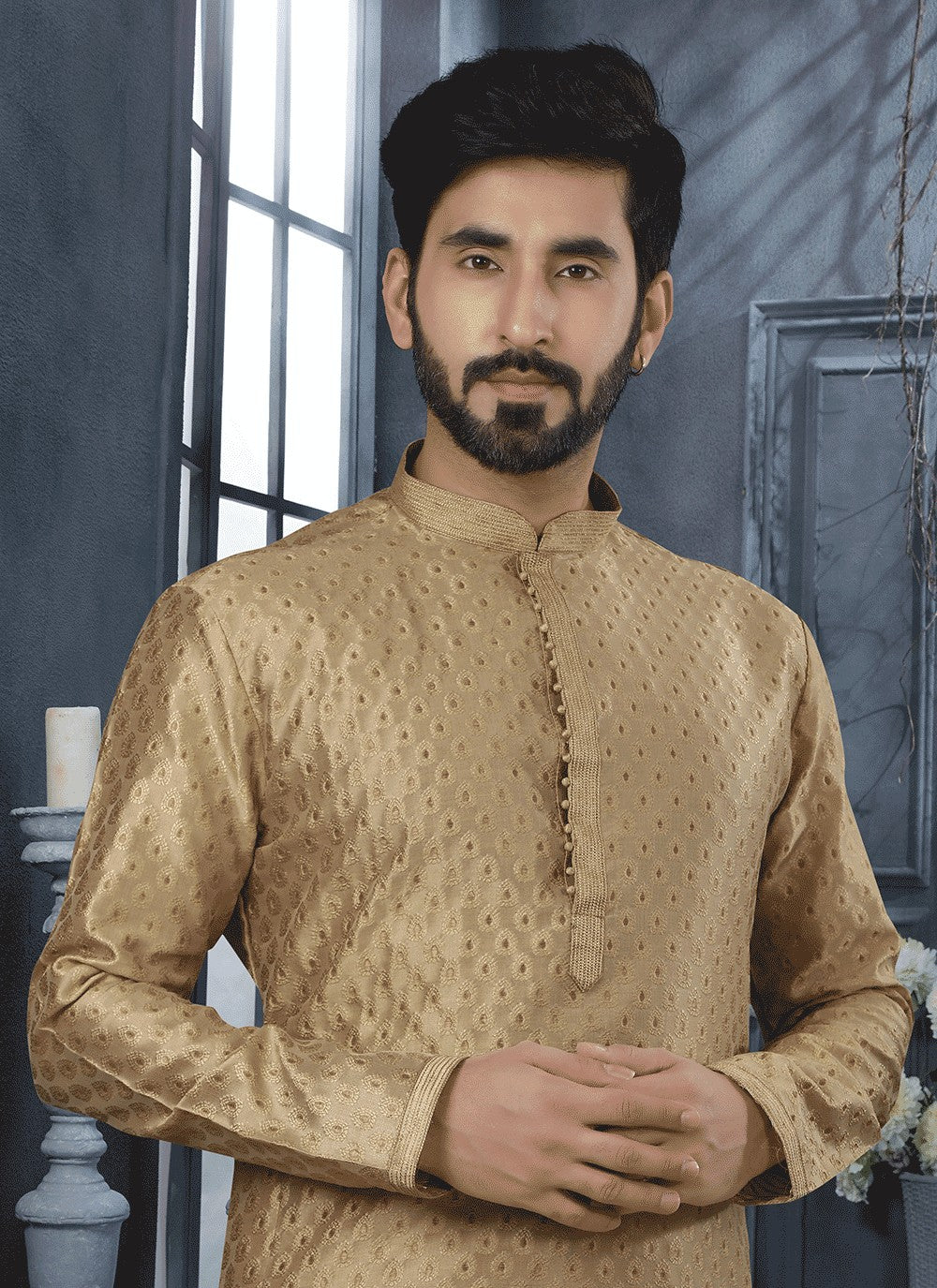 Thread Jacquard Beige Kurta - M5618