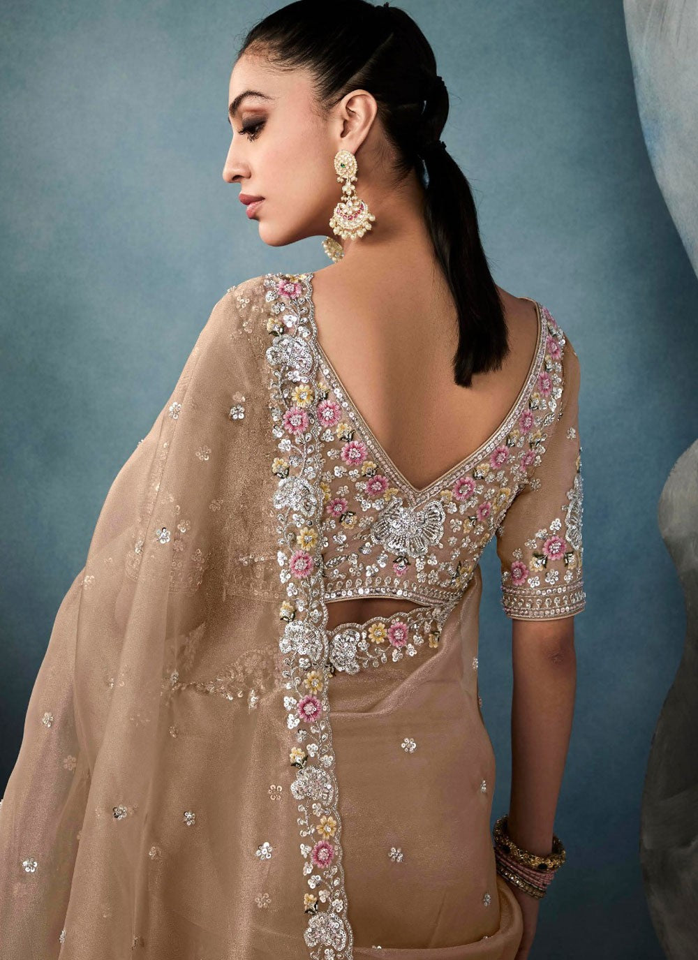 Cut Work Tissue Beige Trendy Saree S14870