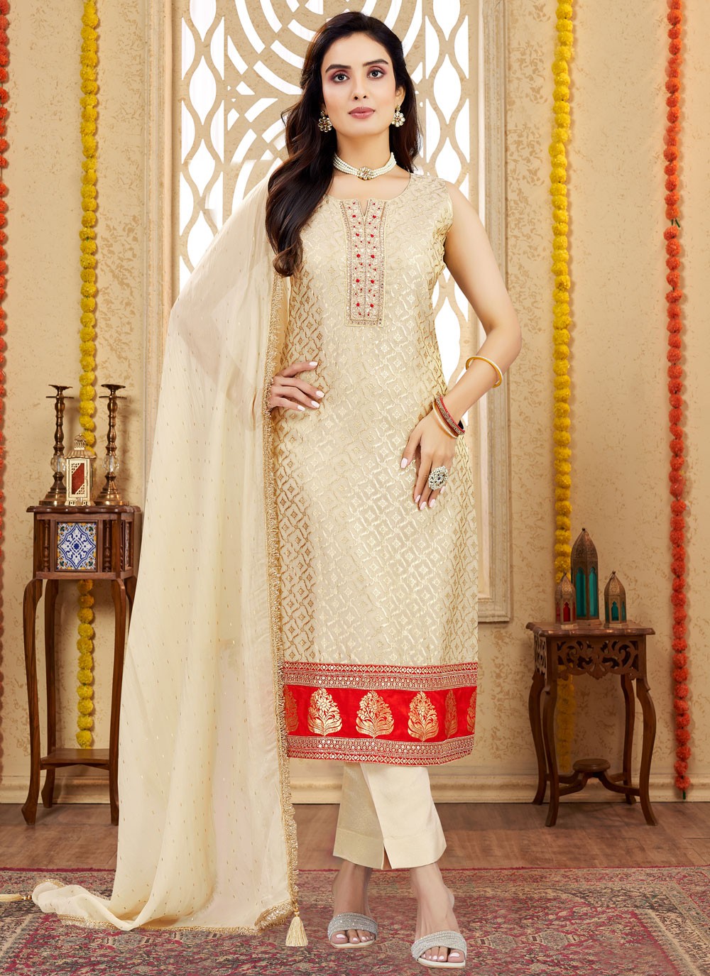Pant Style Suit Embroidered, Zari Beige T7997
