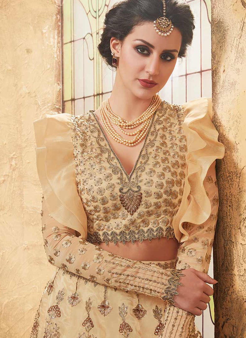 Embroidered Organza Beige Lehenga Choli L3749