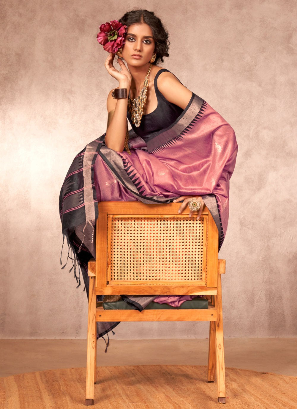 Weaving Zari Bhagalpuri Silk Pink Traditional Saree S15564