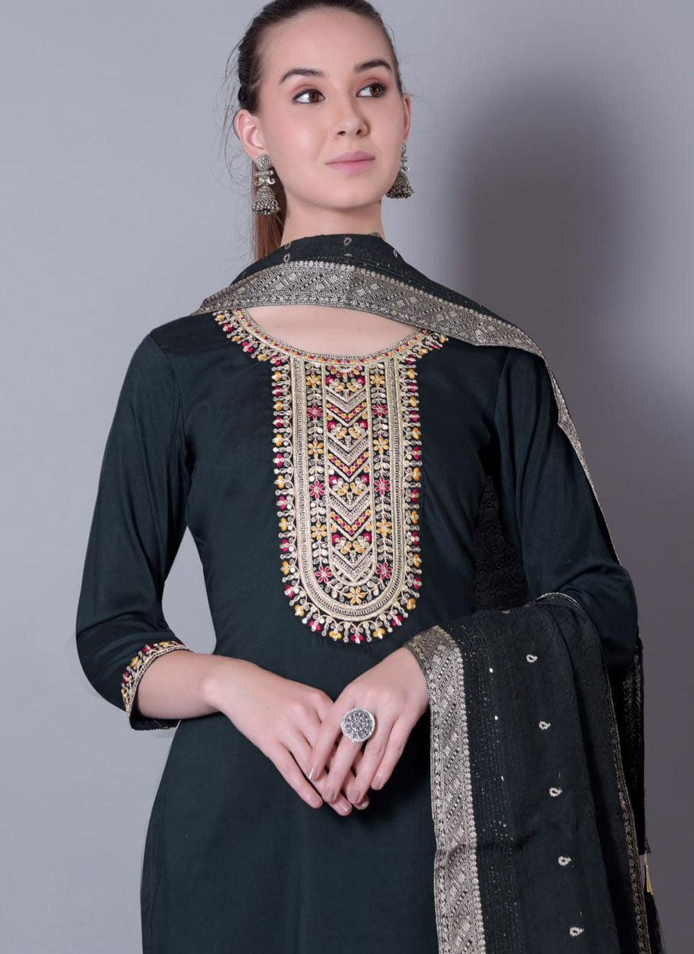 Pant Style Suit Embroidered Black T7113