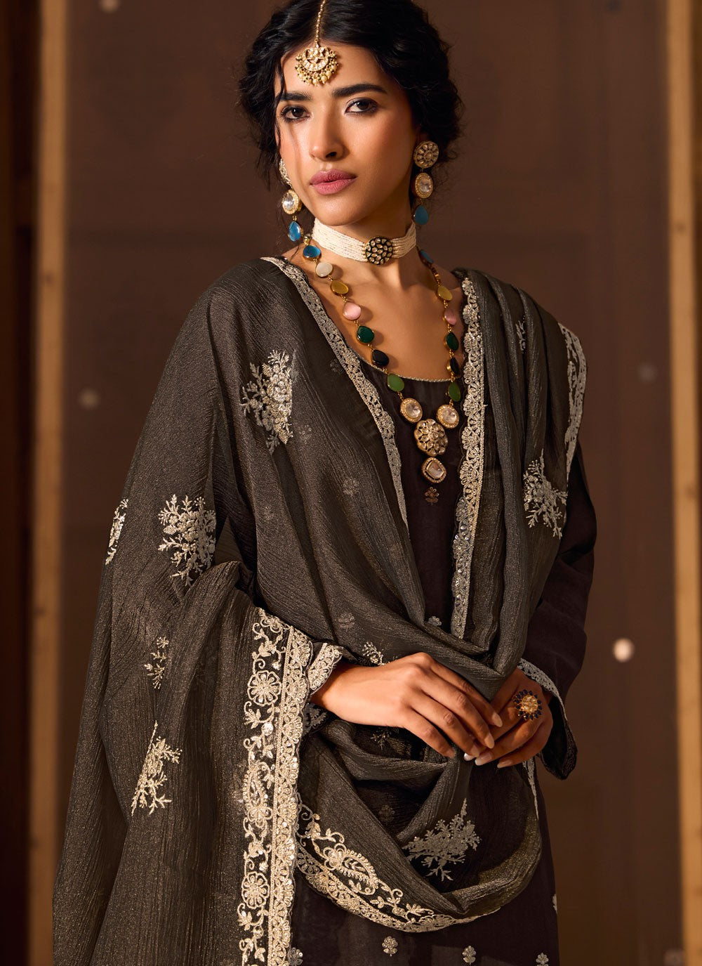 Salwar Suit Embroidered Black, Grey Silk T5559