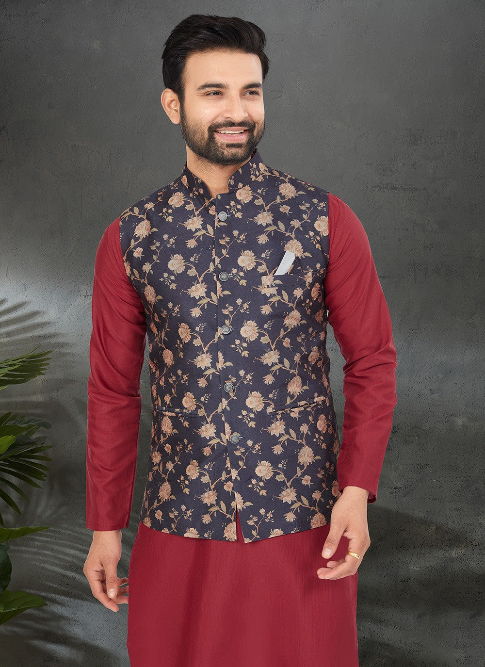 Digital Print Cotton , Silk Black, Maroon Kurta Payjama With Jacket - M6480
