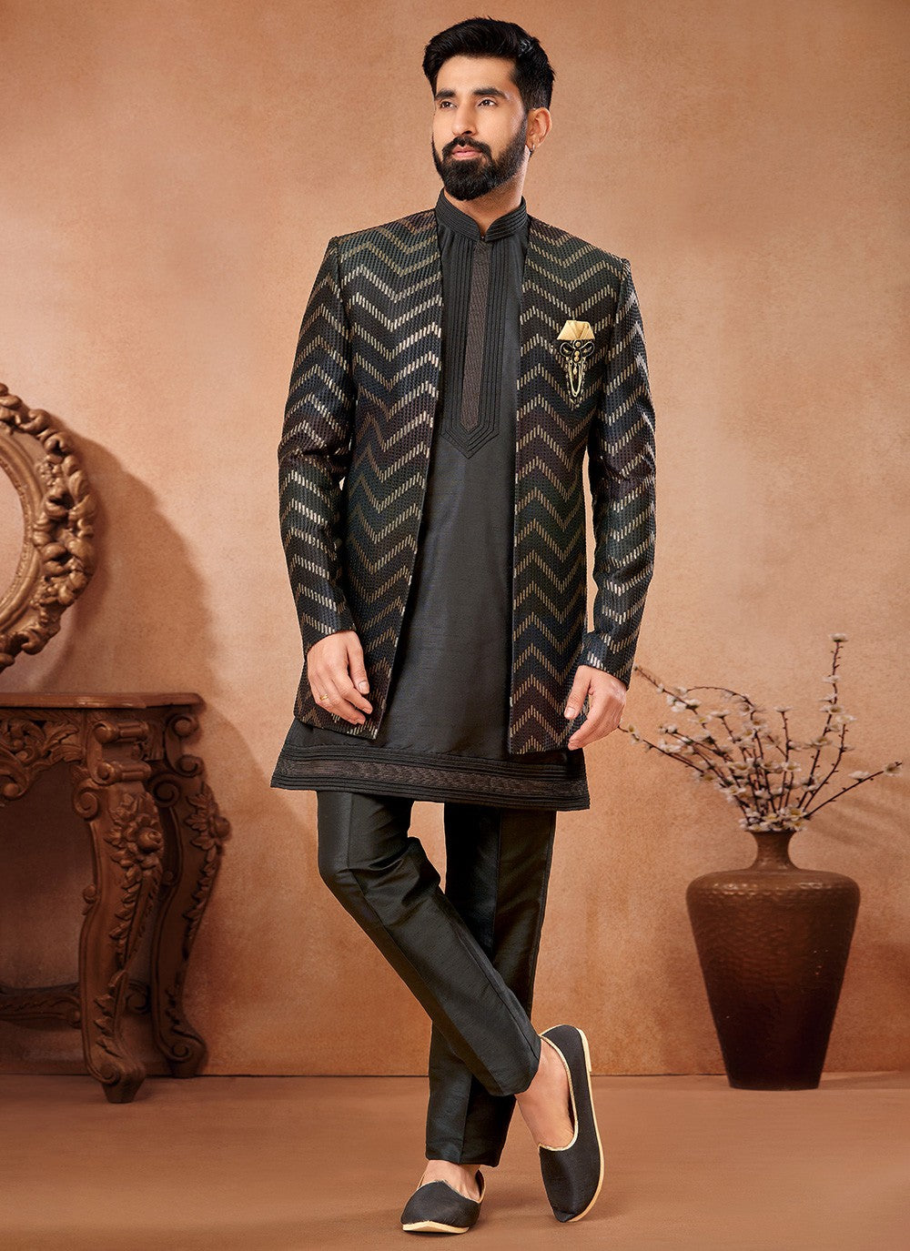 Embroidered Banarasi Silk Black, Multi Colour Jodhpuri Suit - M6666