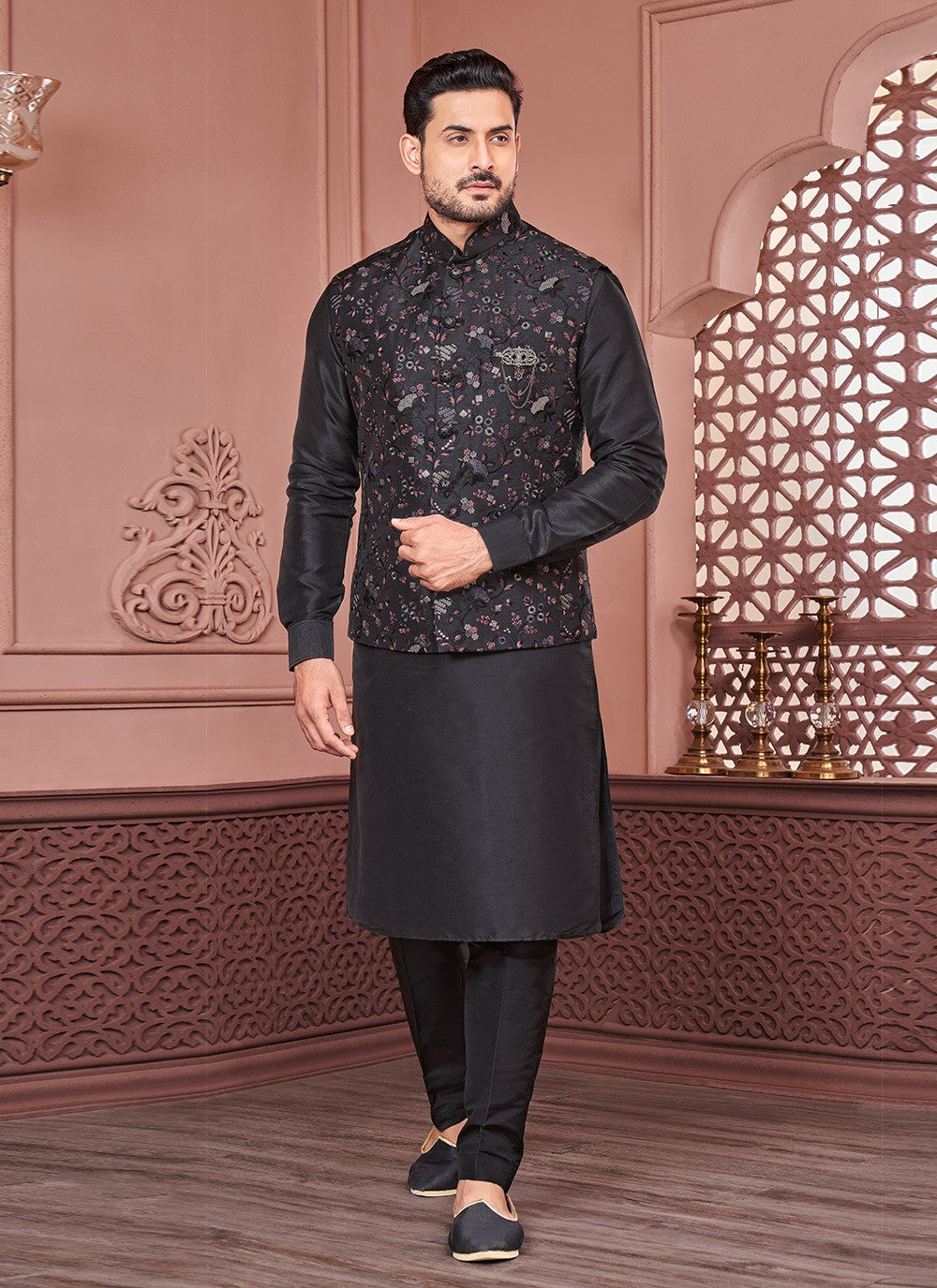 Embroidered Banarasi Silk Black, Multi Colour Kurta Payjama With Jacket - M6325