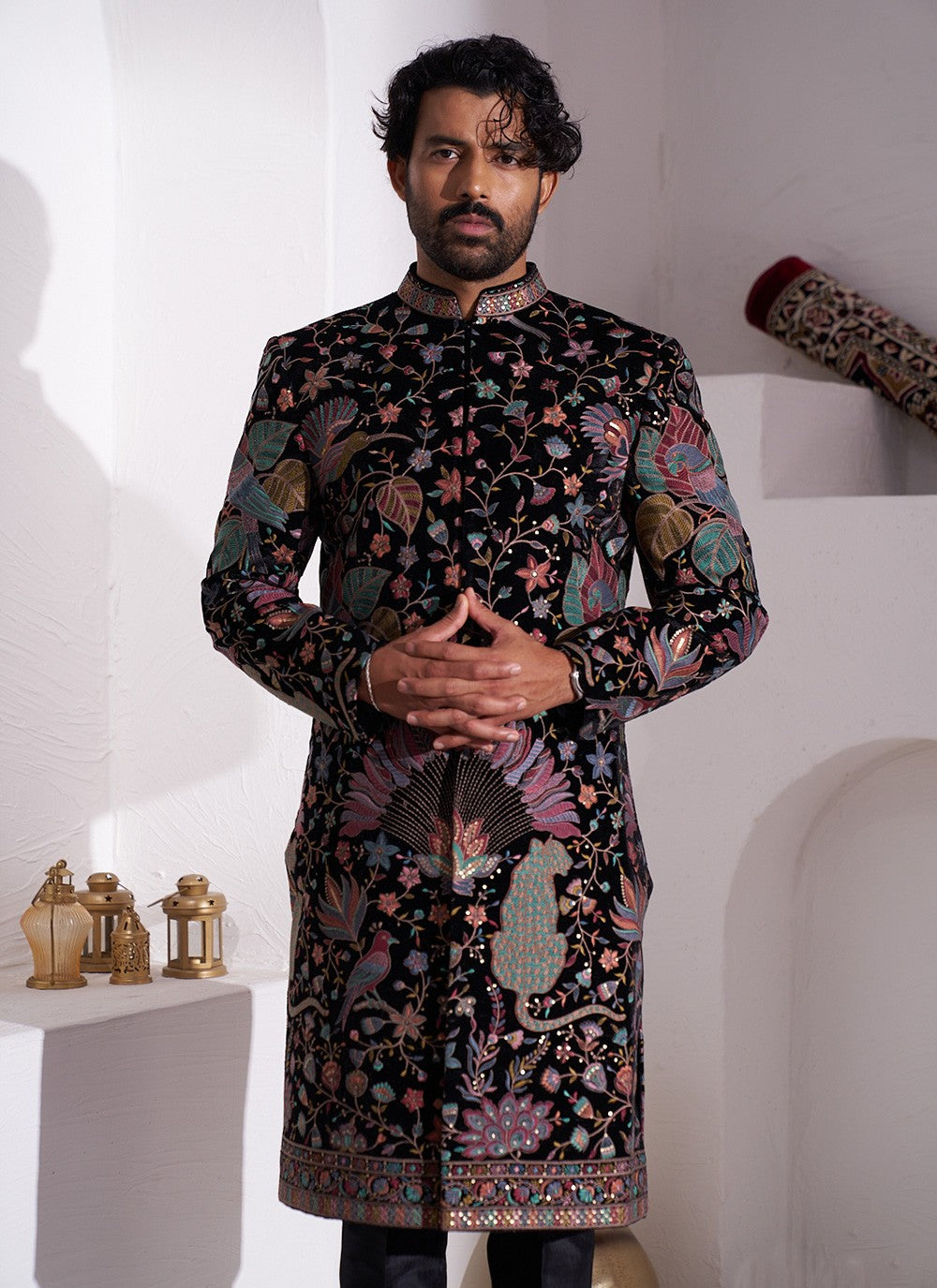 Embroidered Velvet Black, Multi Colour Sherwani - M8421