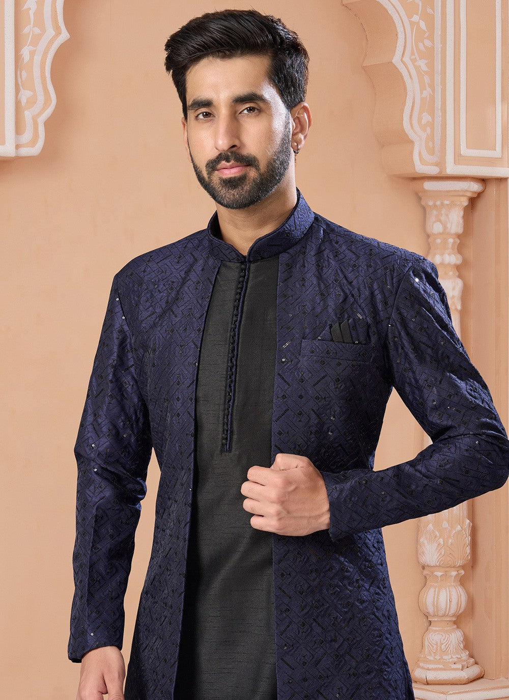 Embroidered Banglori Silk Black, Navy Blue Indo Western Sherwani - M6889