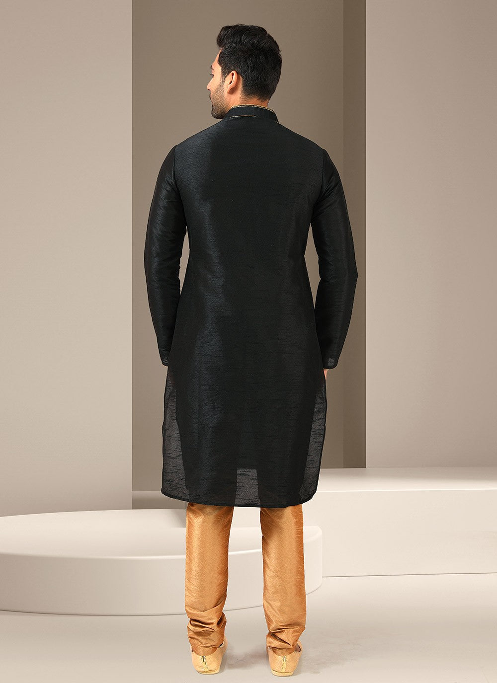 Embroidered Banarasi Silk Black Kurta Pyjama - M3245