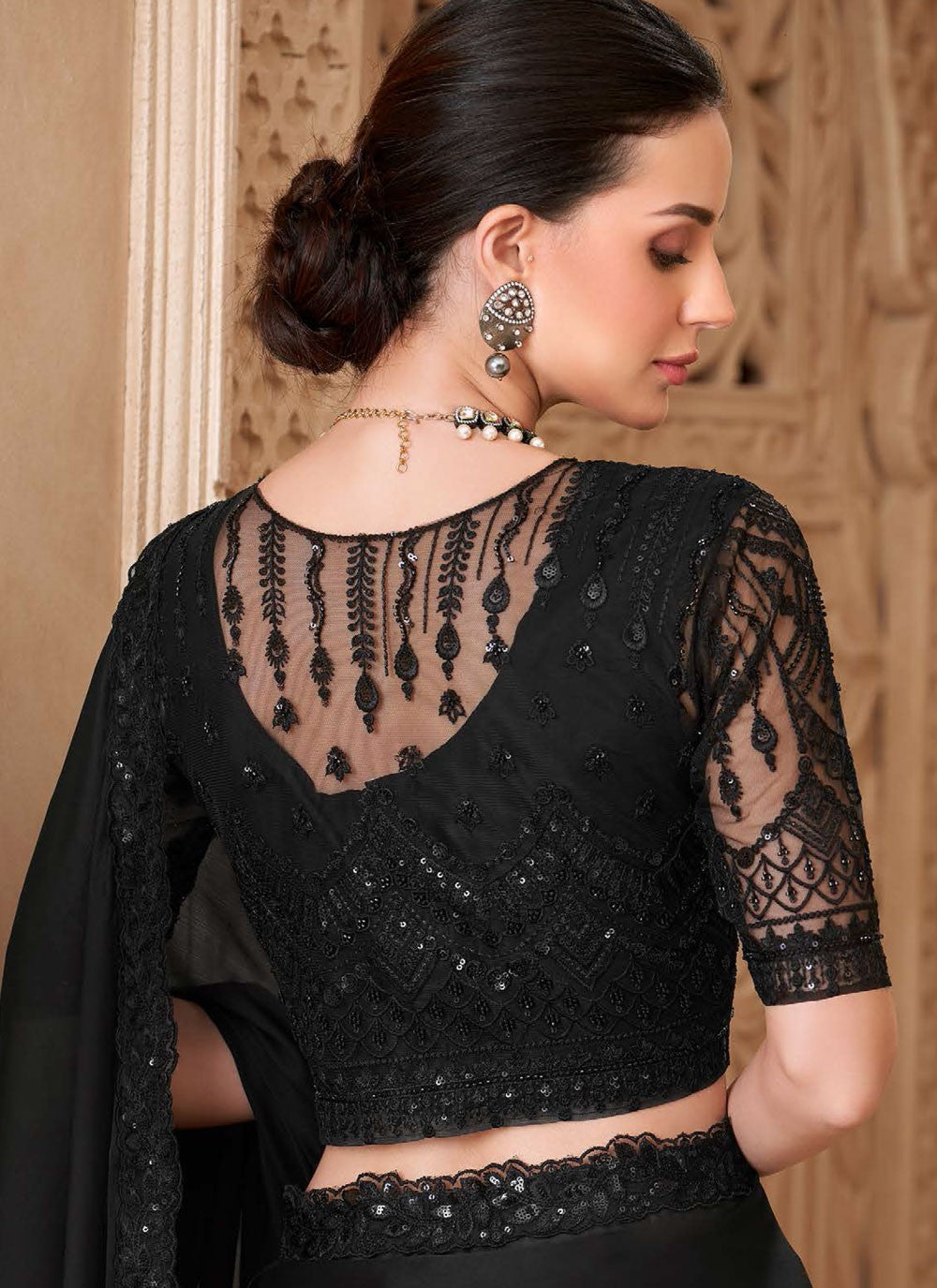 Black Georgette Satin Contemporary Saree Border Work, Embroidered S19789