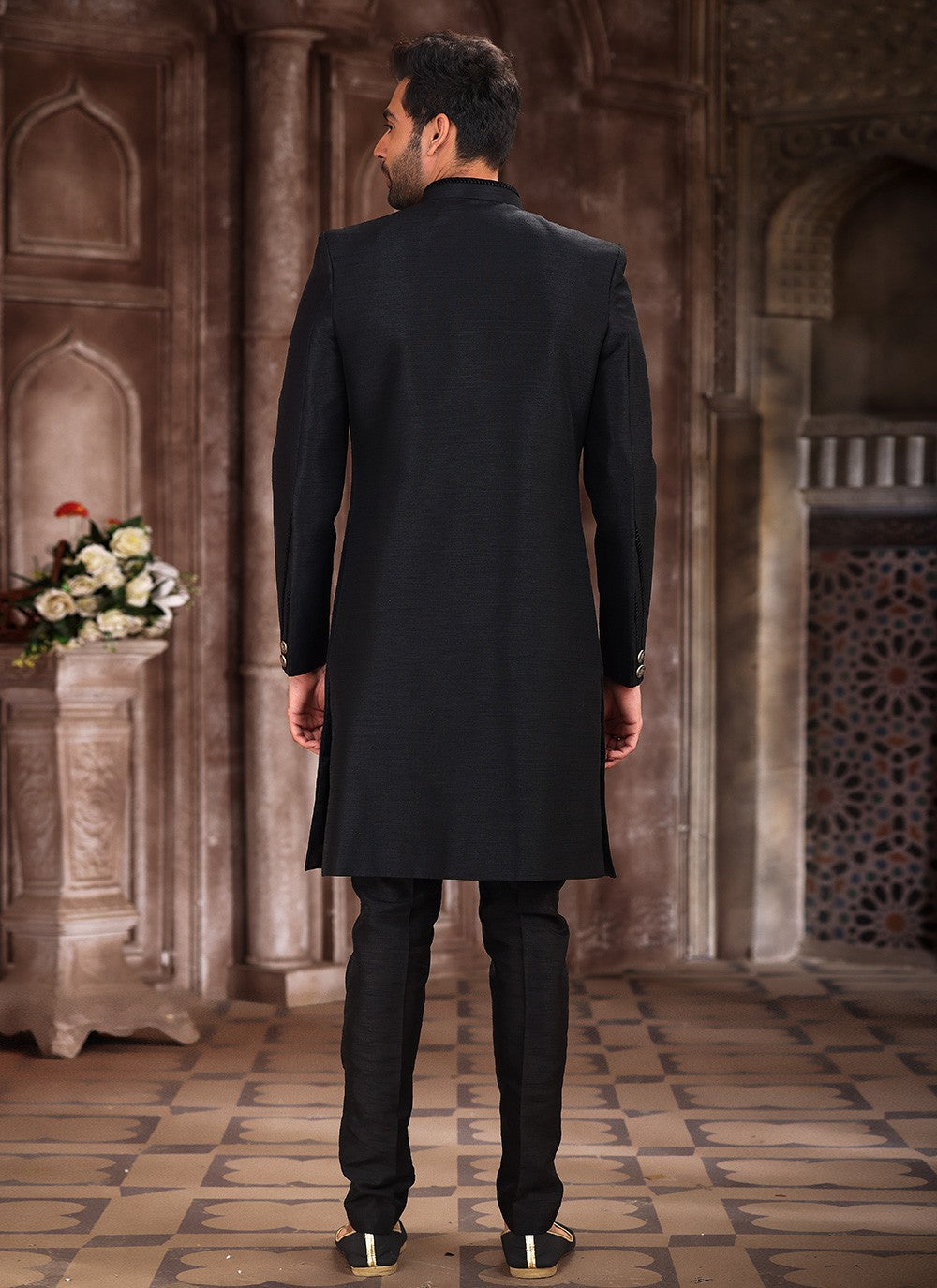 Buttons Art Silk Black Indo Western Sherwani - M5383
