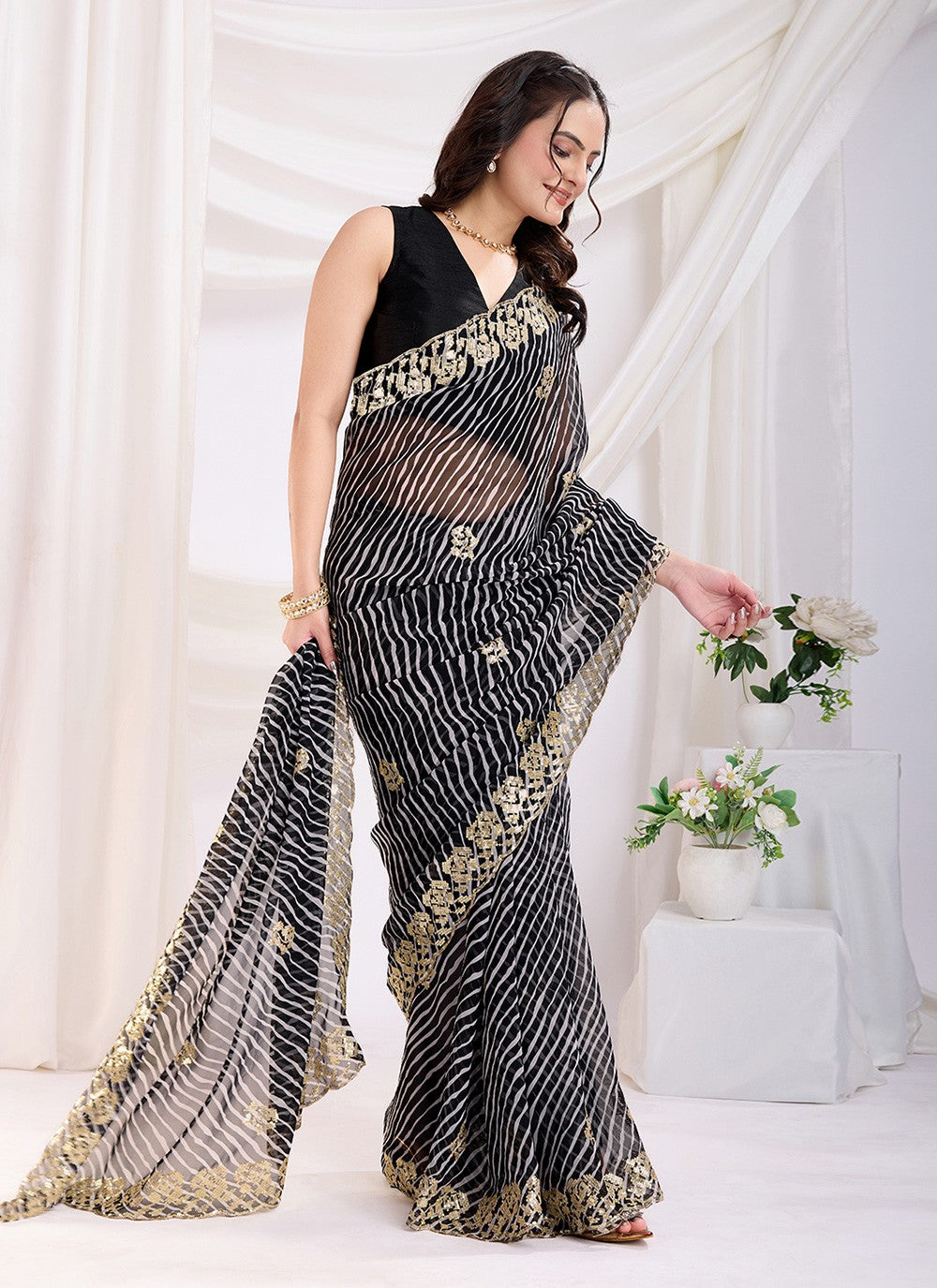 Embroidered Georgette Black Saree S13786
