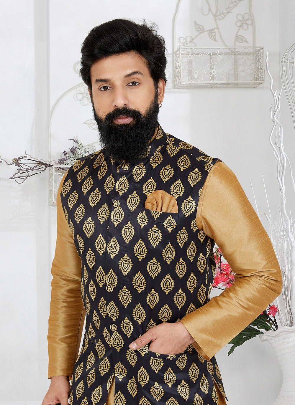 Printed Banarasi Silk Black Nehru Jackets - M7479