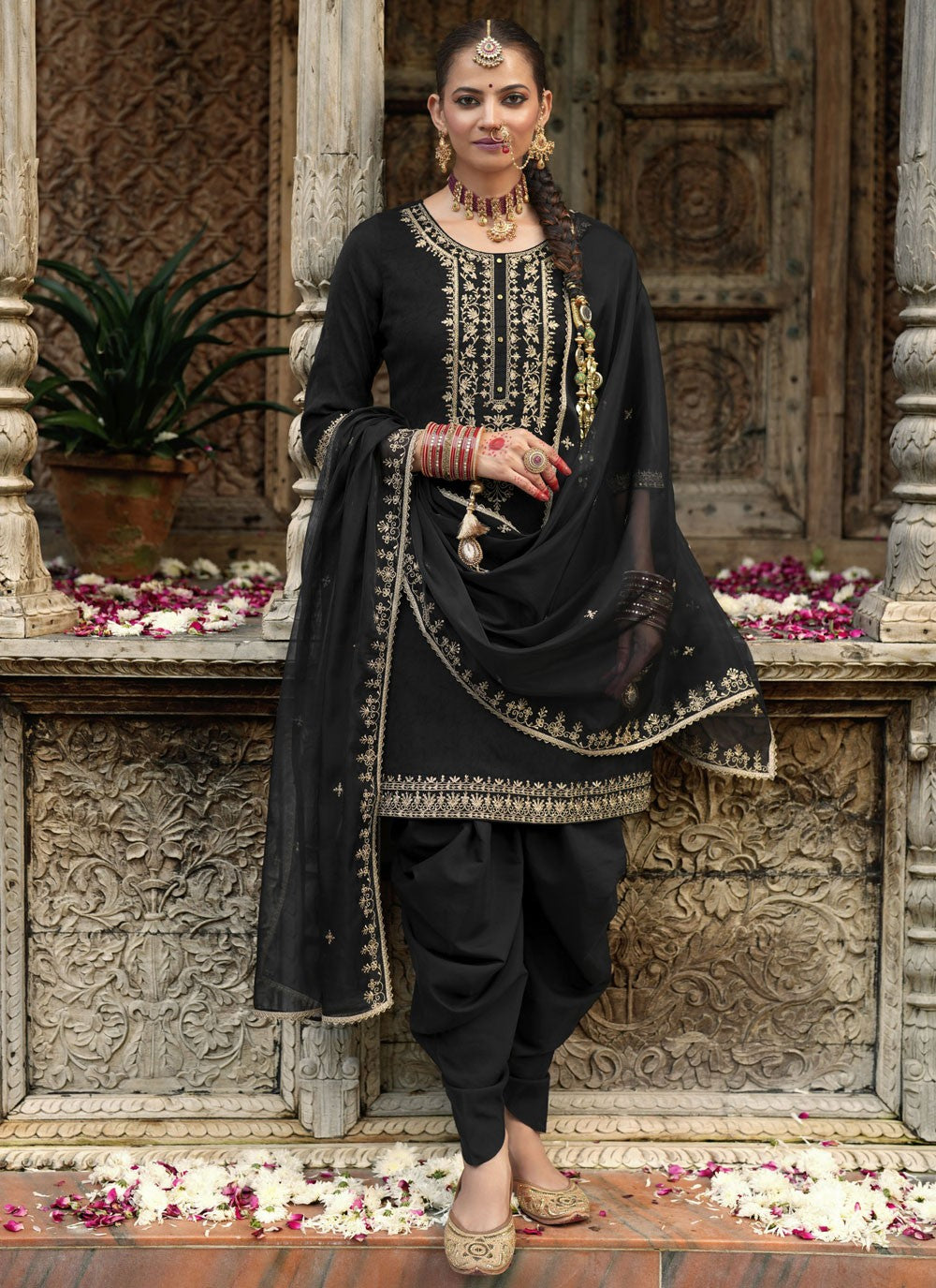 Dhoti Style Patiala Suit Embroidered, Resham Black T7847