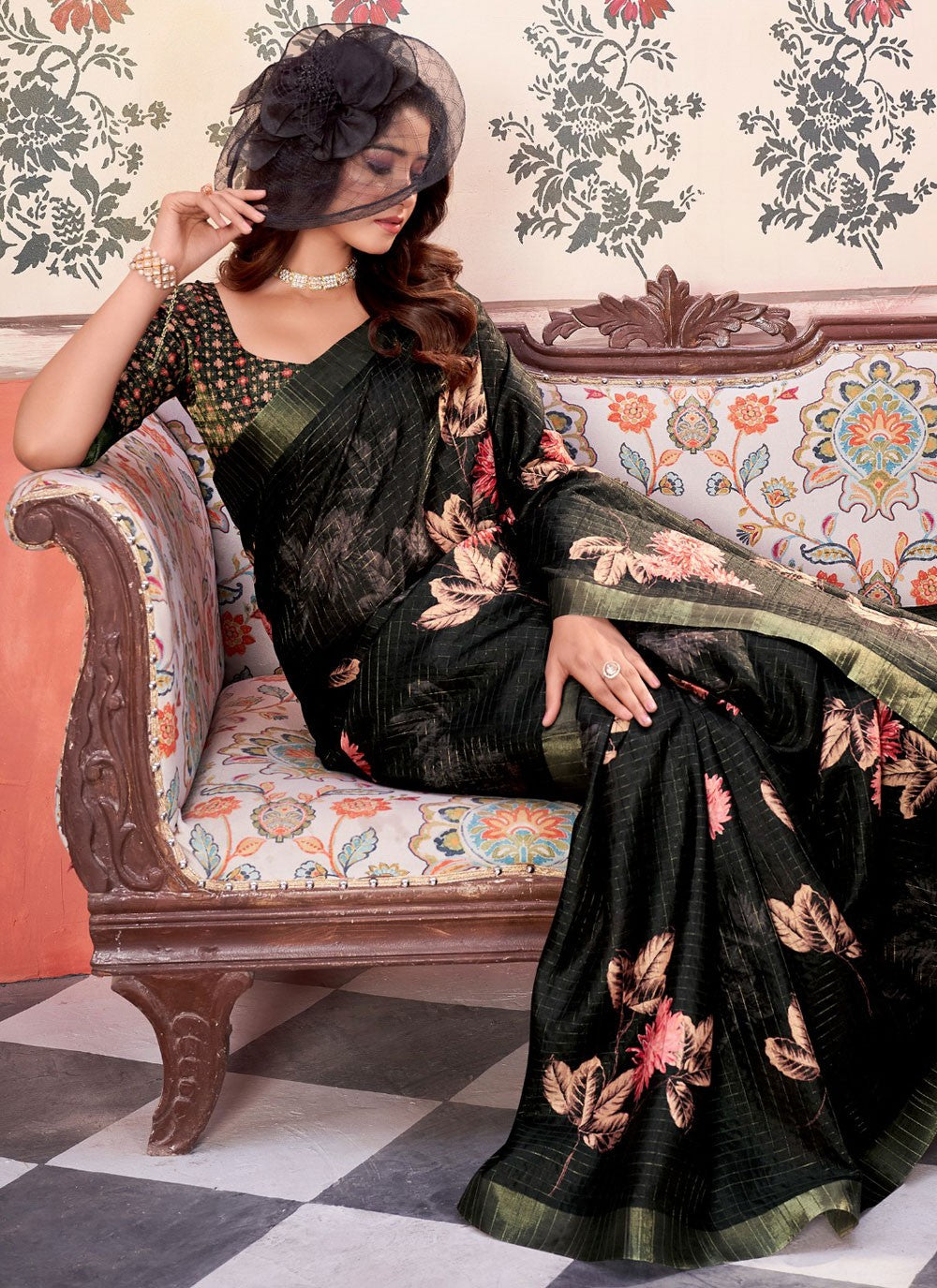 Checks Silk Black Trendy Saree S15626