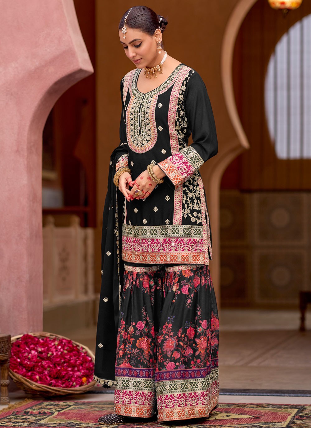 Sharara Suit Embroidered, Mirror, Zari Black T7554