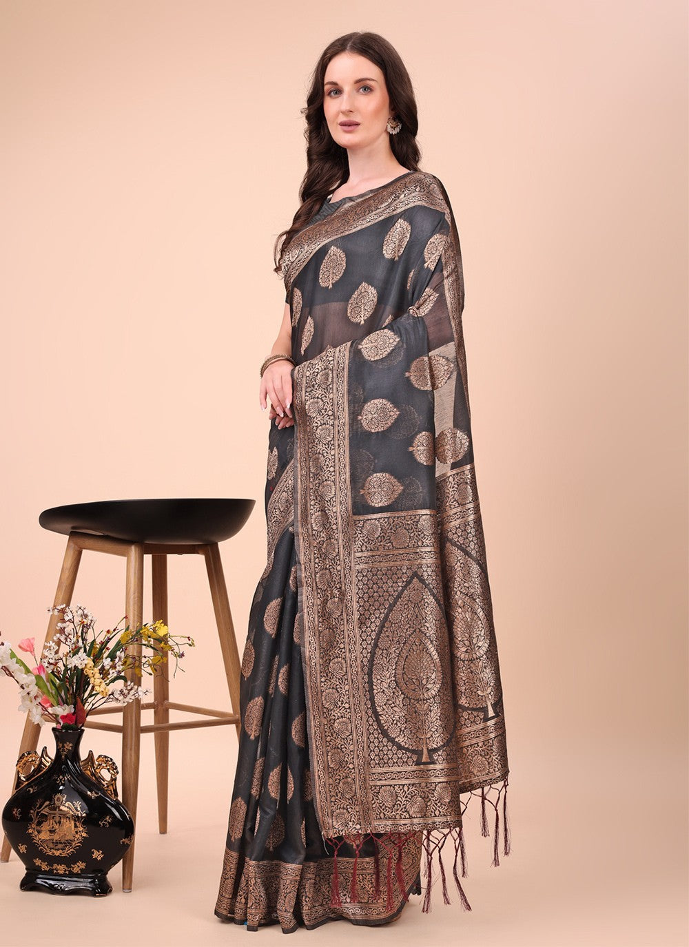 Woven Cotton Black Contemporary Saree S15156