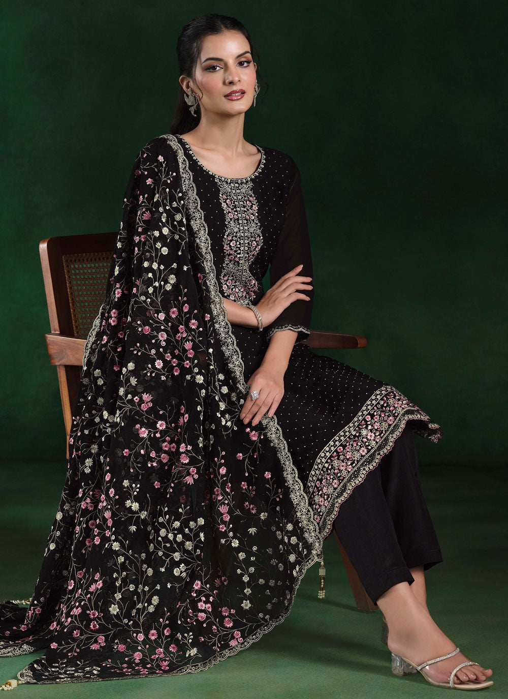 Pant Style Suit Cutdana, Embroidered, Zari Black T7306